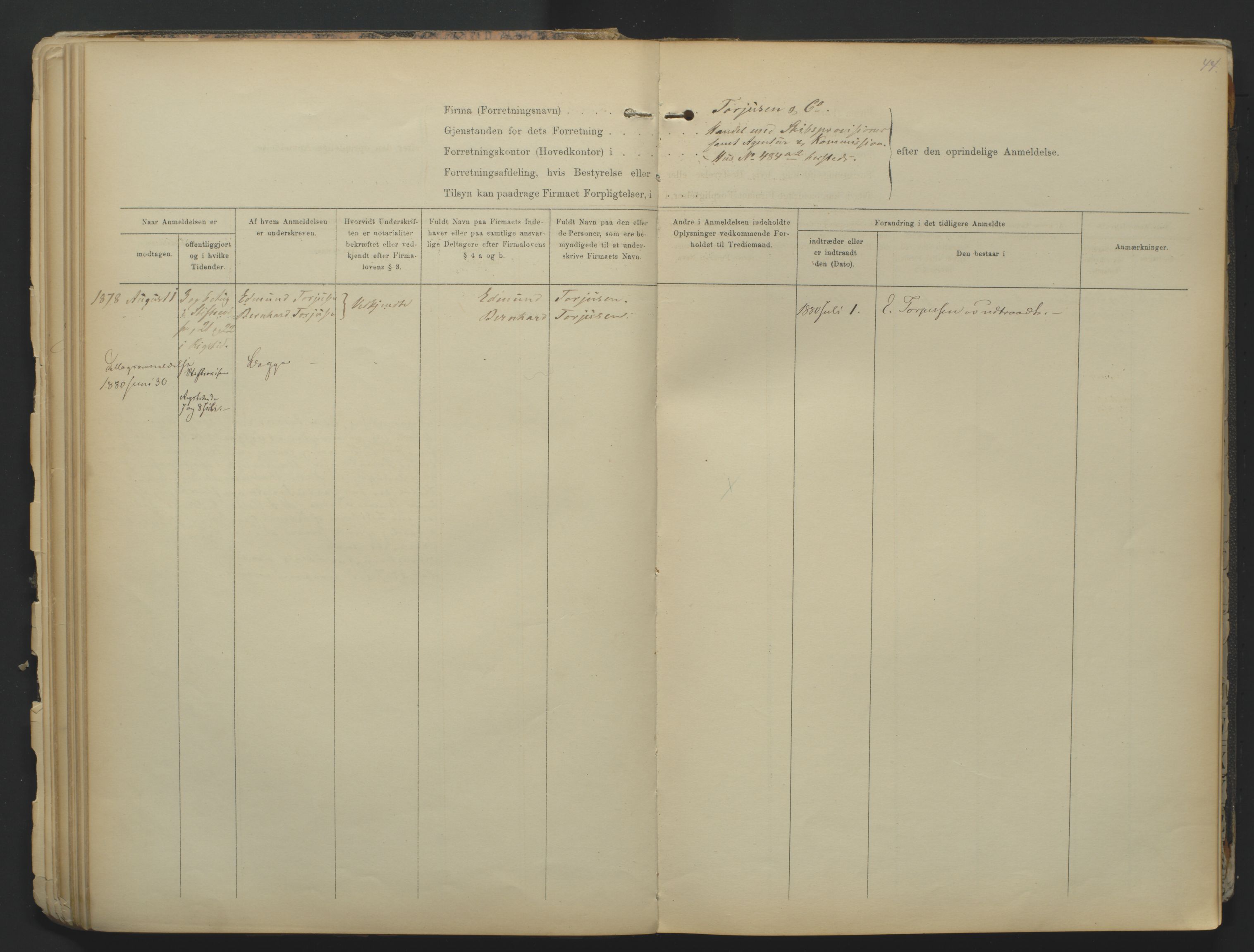 Kristiansand byrett, AV/SAK-1223-0001/K/Kb/L0001: Firmaregister A, med register, 1874-1890, s. 44