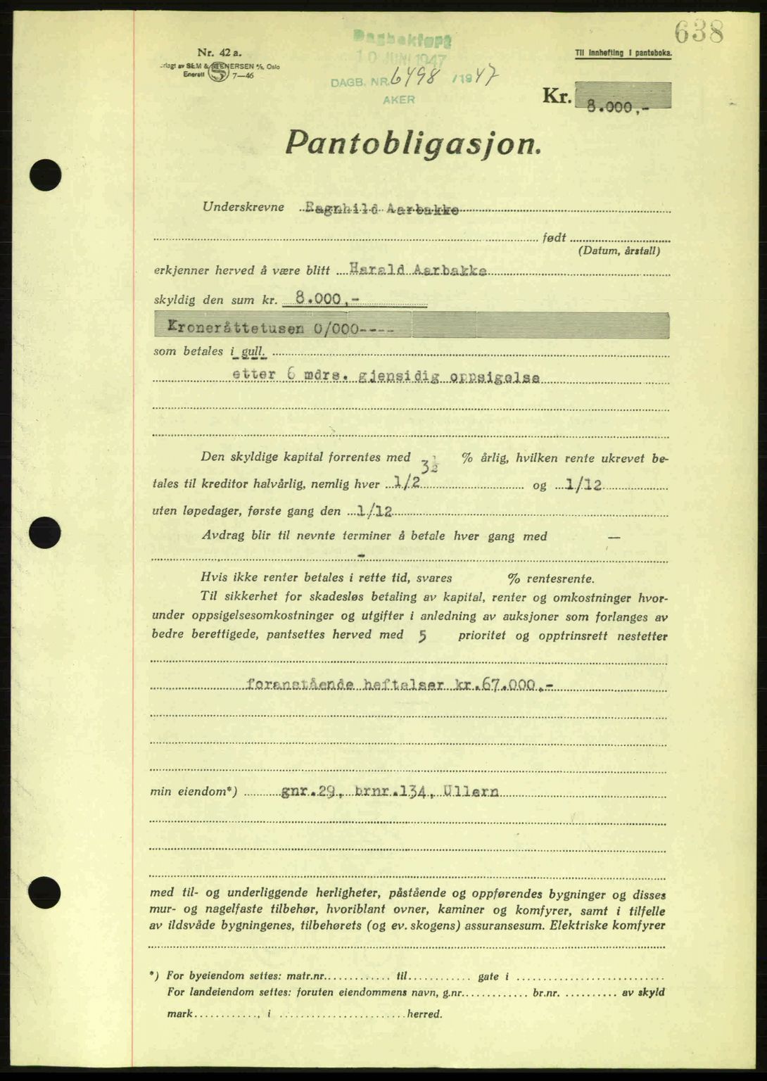 Aker herredsskriveri, SAO/A-10896/G/Gb/Gba/Gbac/L0044: Pantebok nr. B216-217, 1947-1947, Dagboknr: 6498/1947