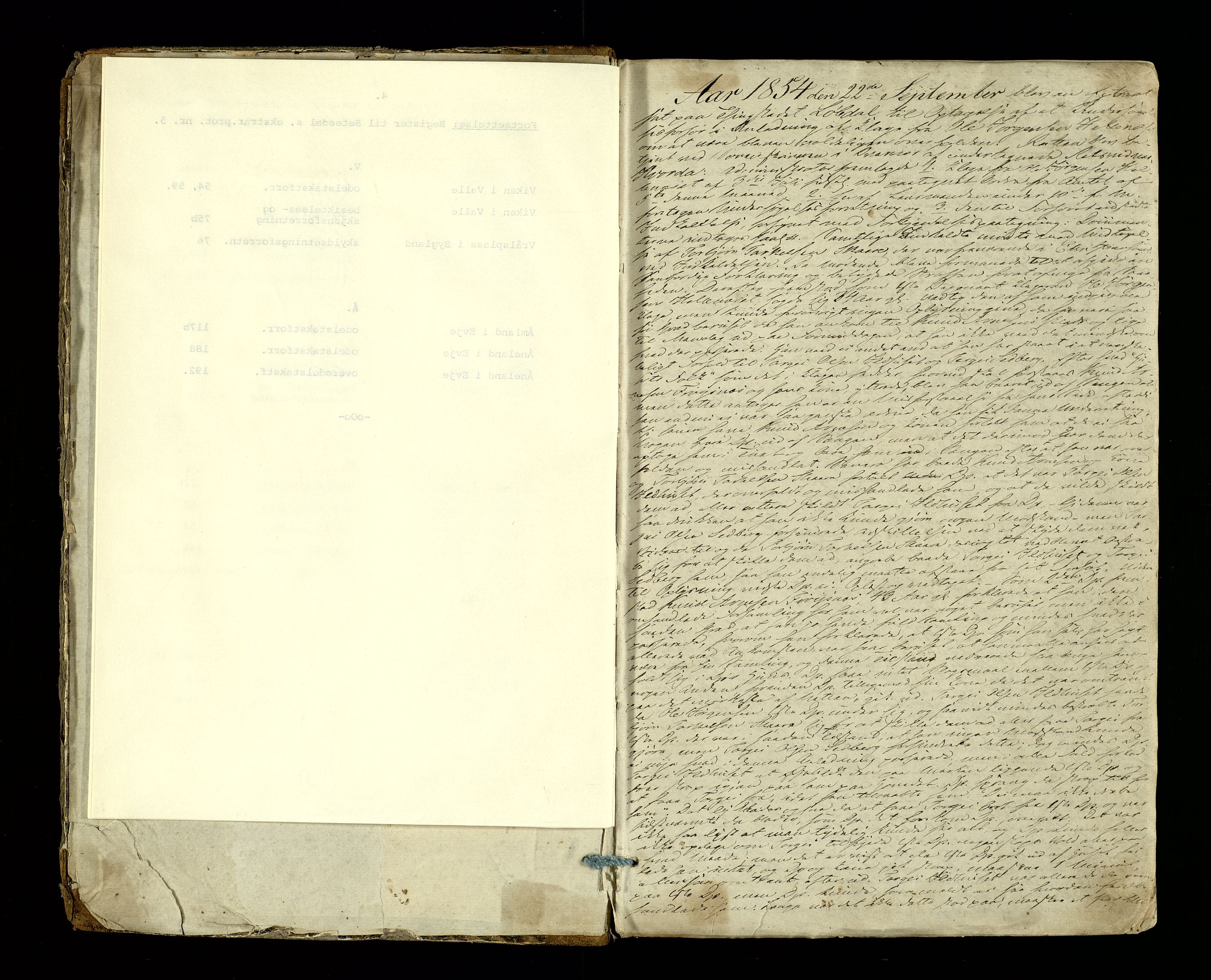 Setesdal sorenskriveri, SAK/1221-0011/F/Fb/L0005: Ekstrarettsprotokoll nr. 5, 1854-1859, s. 1