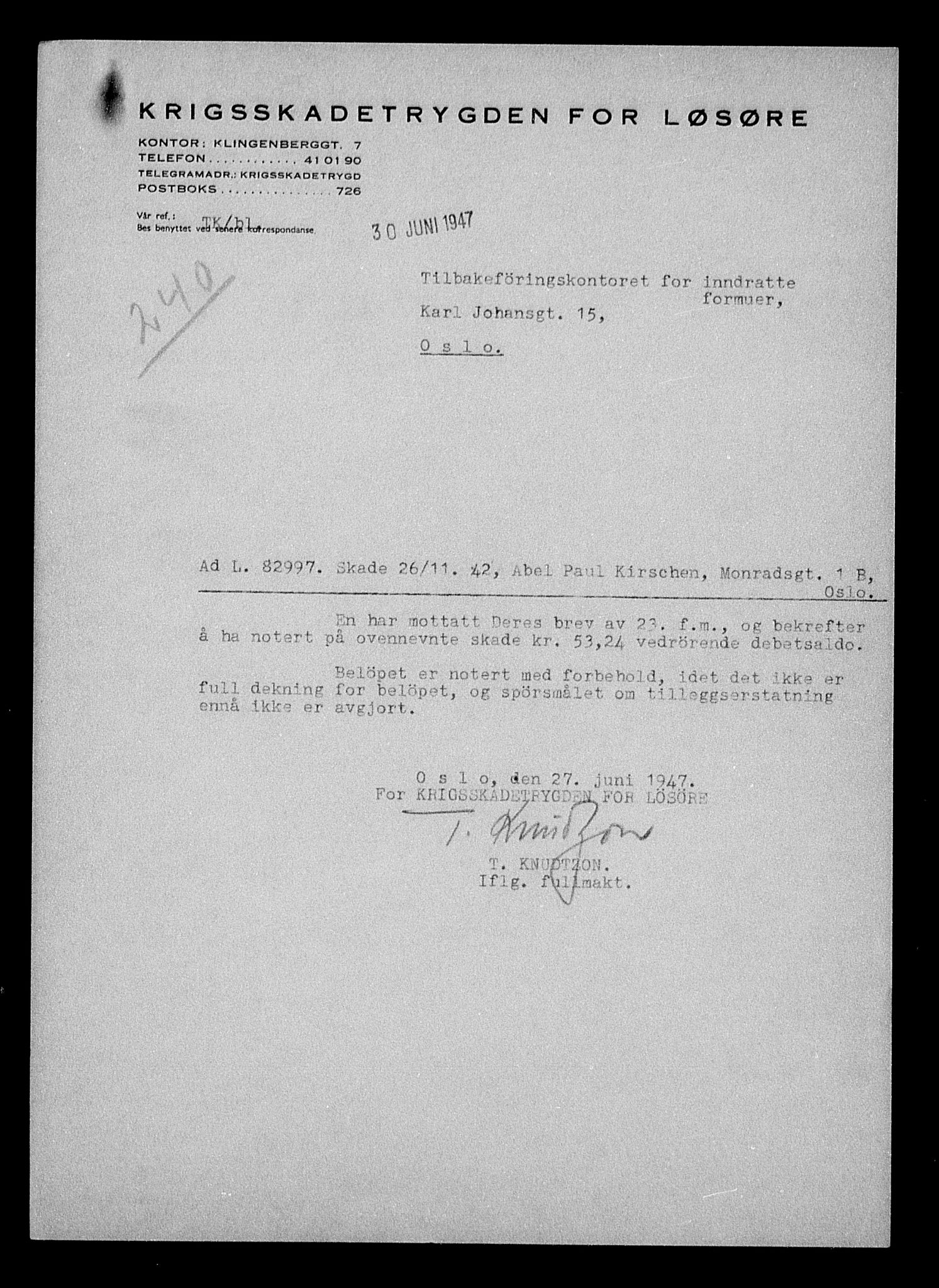 Justisdepartementet, Tilbakeføringskontoret for inndratte formuer, AV/RA-S-1564/H/Hc/Hcc/L0951: --, 1945-1947, s. 327