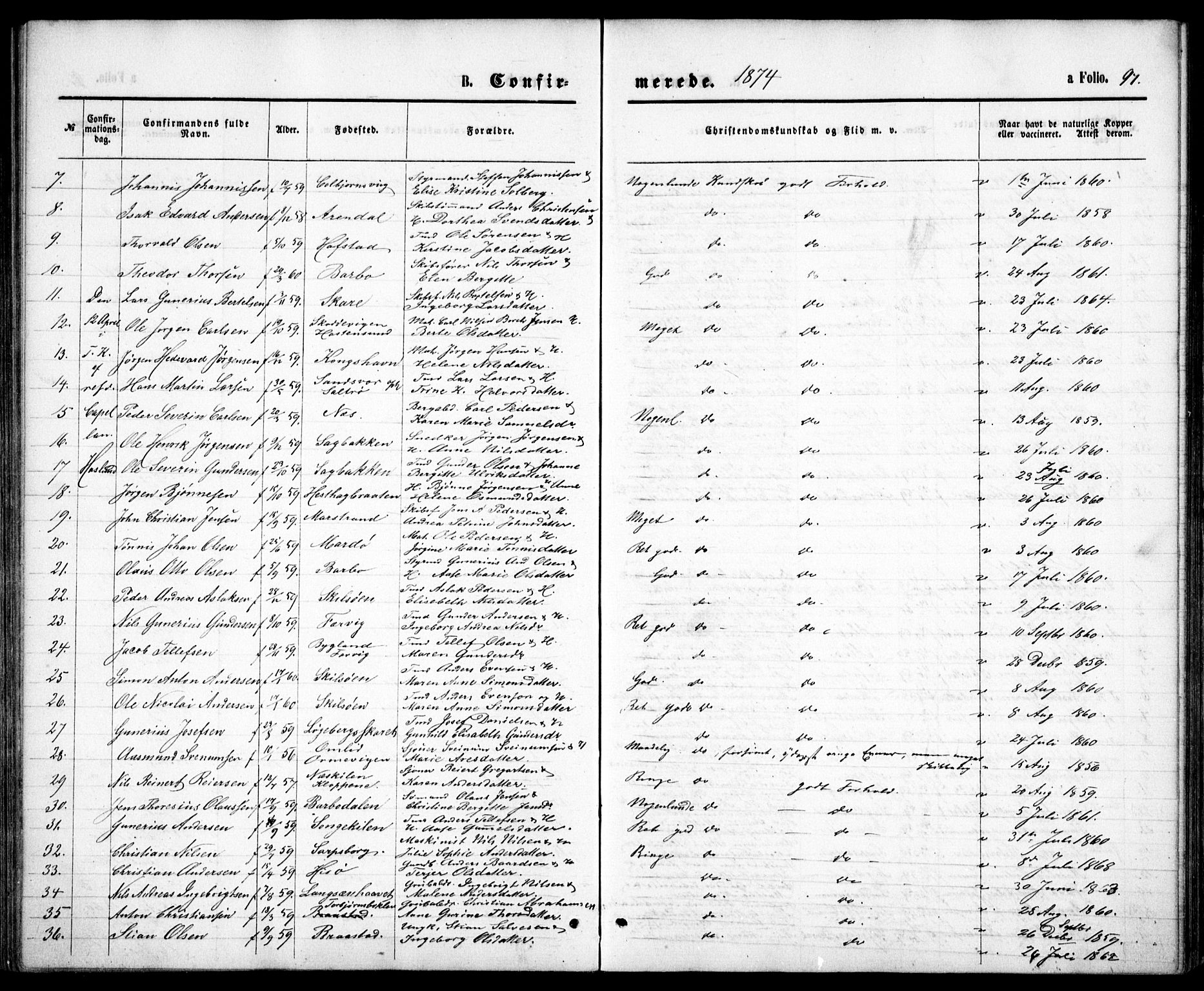 Tromøy sokneprestkontor, SAK/1111-0041/F/Fb/L0004: Klokkerbok nr. B 4, 1869-1877, s. 97