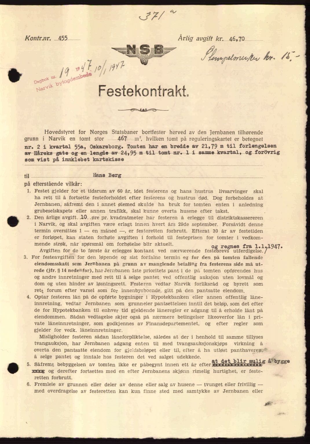 Narvik sorenskriveri, SAT/A-0002/1/2/2C/2Ca: Pantebok nr. A21, 1946-1947, Dagboknr: 19/1947