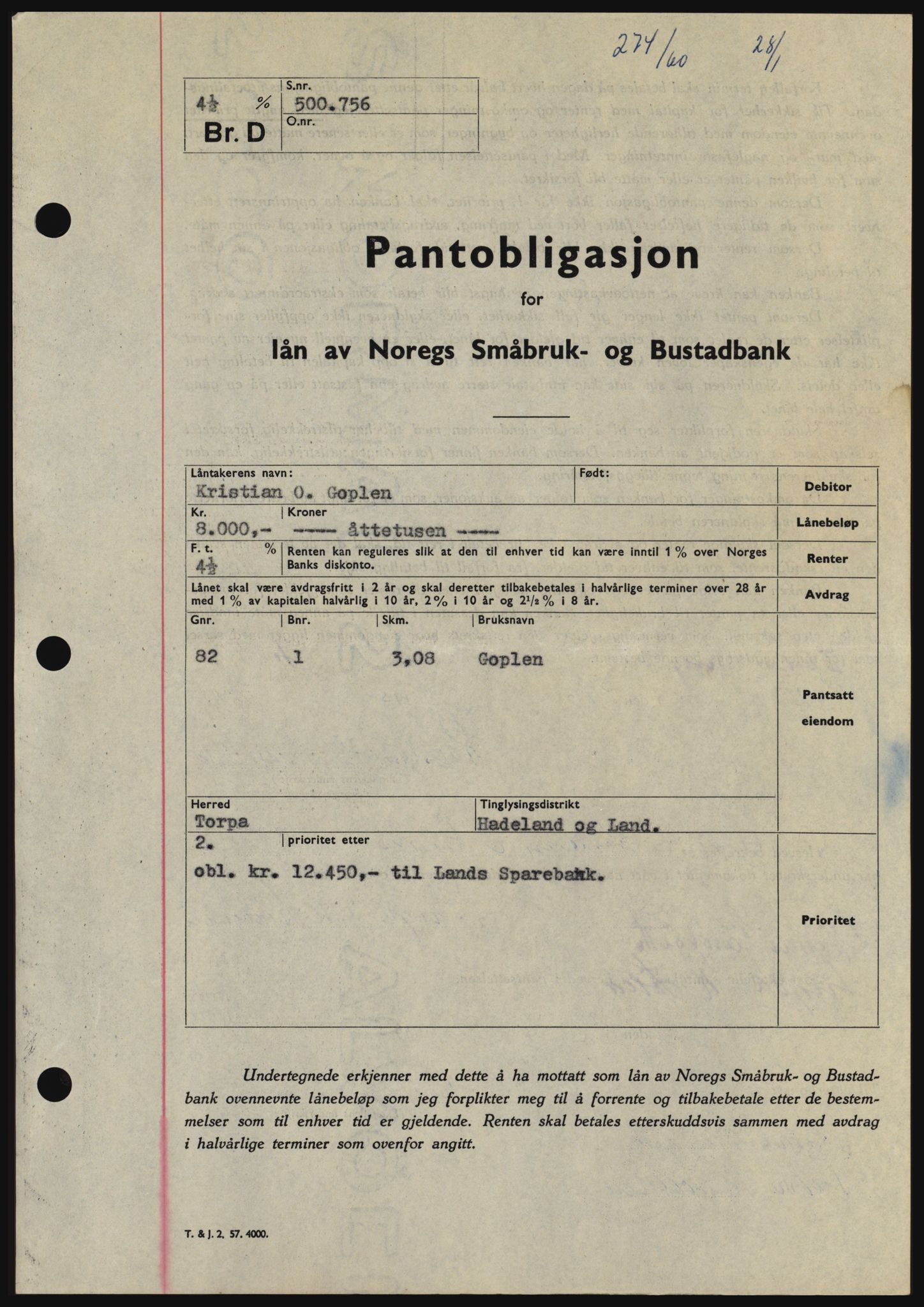 Hadeland og Land tingrett, SAH/TING-010/H/Hb/Hbc/L0042: Pantebok nr. B42, 1959-1960, Dagboknr: 274/1960