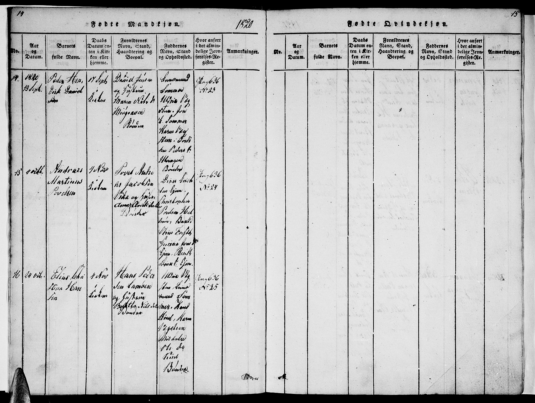 Ministerialprotokoller, klokkerbøker og fødselsregistre - Nordland, AV/SAT-A-1459/816/L0239: Ministerialbok nr. 816A05, 1820-1845, s. 14-15