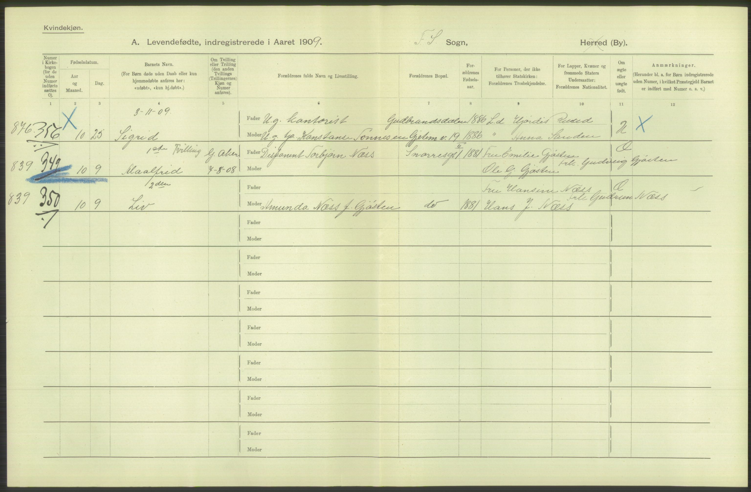 Statistisk sentralbyrå, Sosiodemografiske emner, Befolkning, RA/S-2228/D/Df/Dfa/Dfag/L0007: Kristiania: Levendefødte menn og kvinner., 1909, s. 482