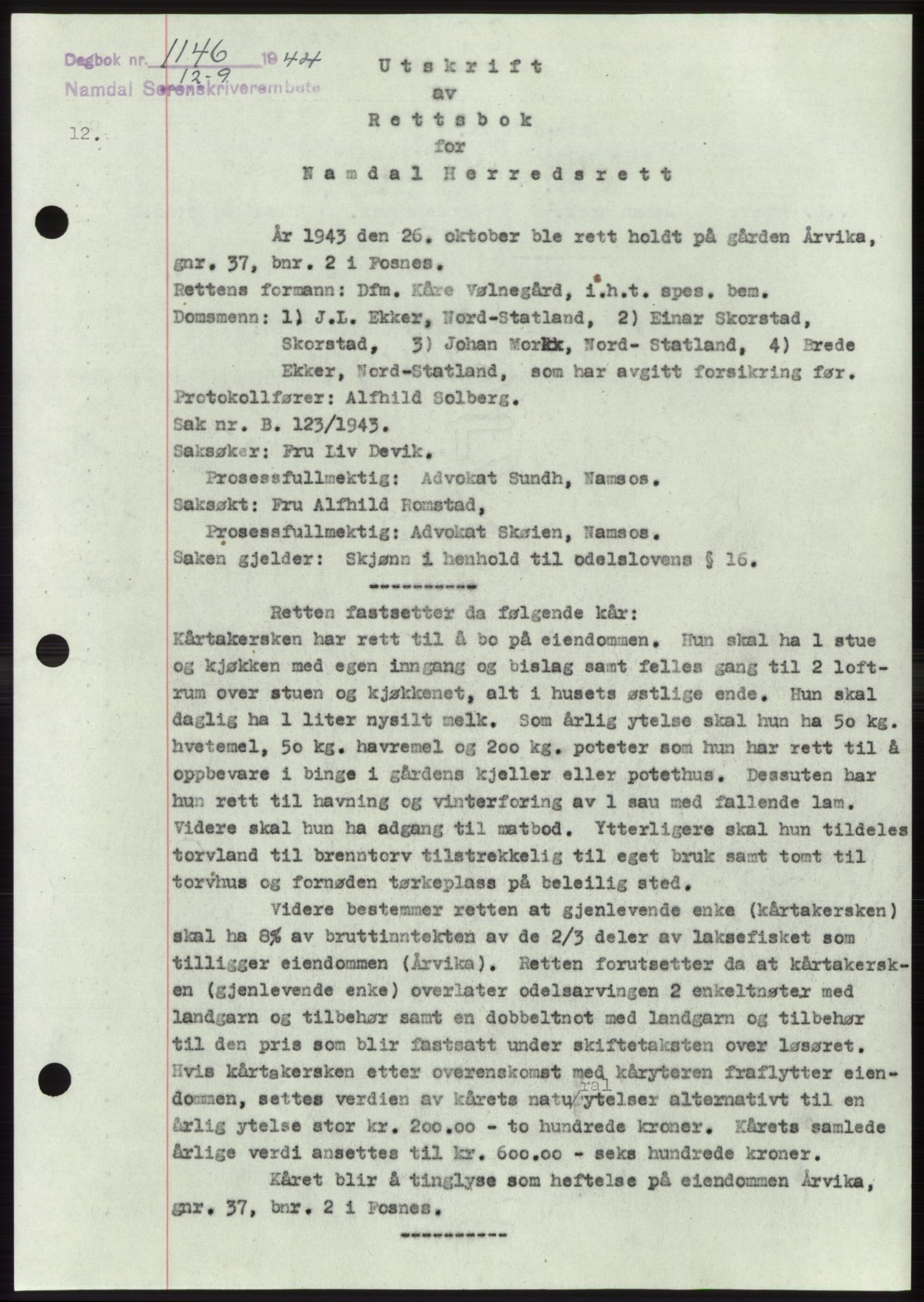 Namdal sorenskriveri, SAT/A-4133/1/2/2C: Pantebok nr. -, 1944-1945, Dagboknr: 1146/1944
