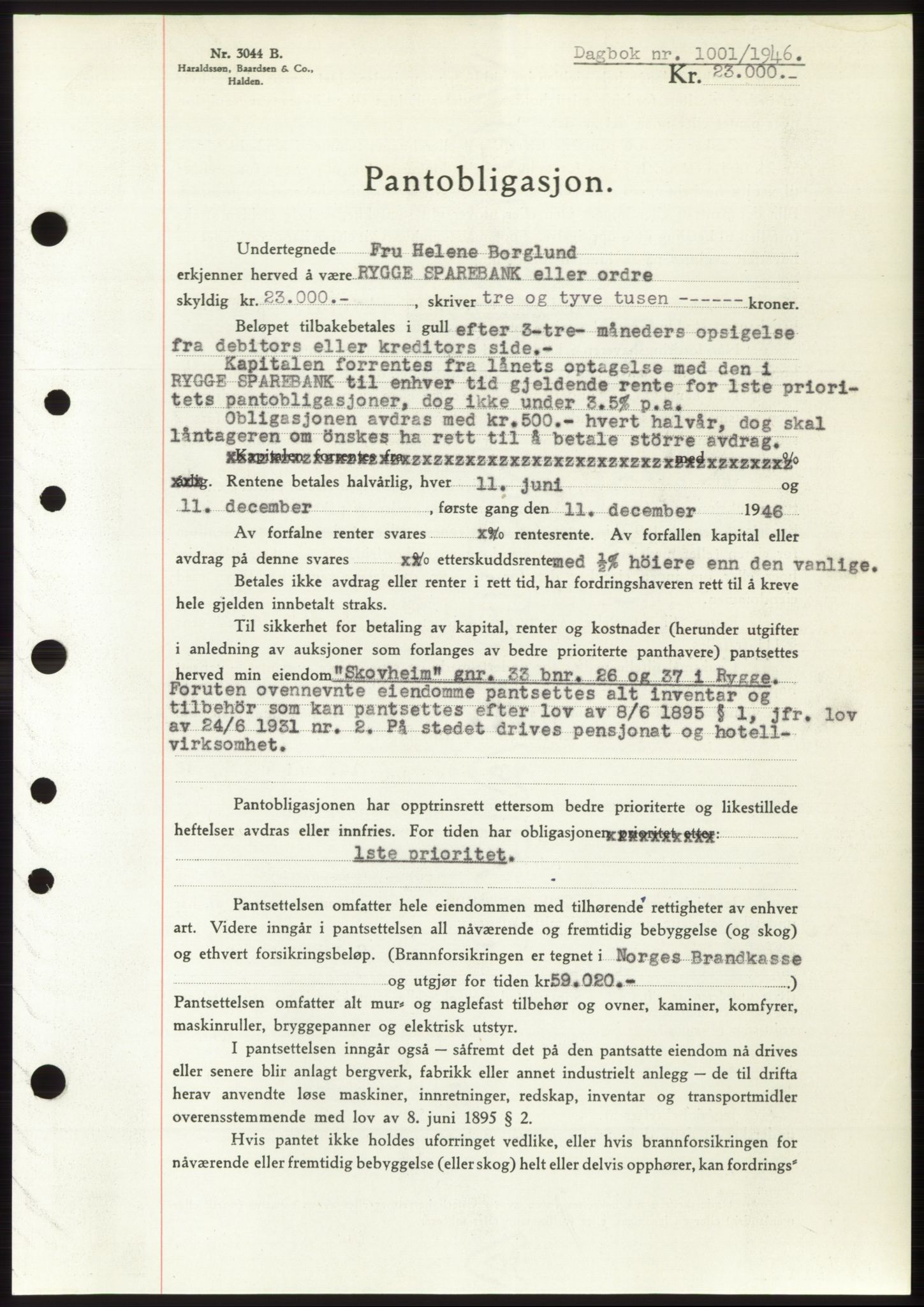 Moss sorenskriveri, SAO/A-10168: Pantebok nr. B15, 1946-1946, Dagboknr: 1001/1946