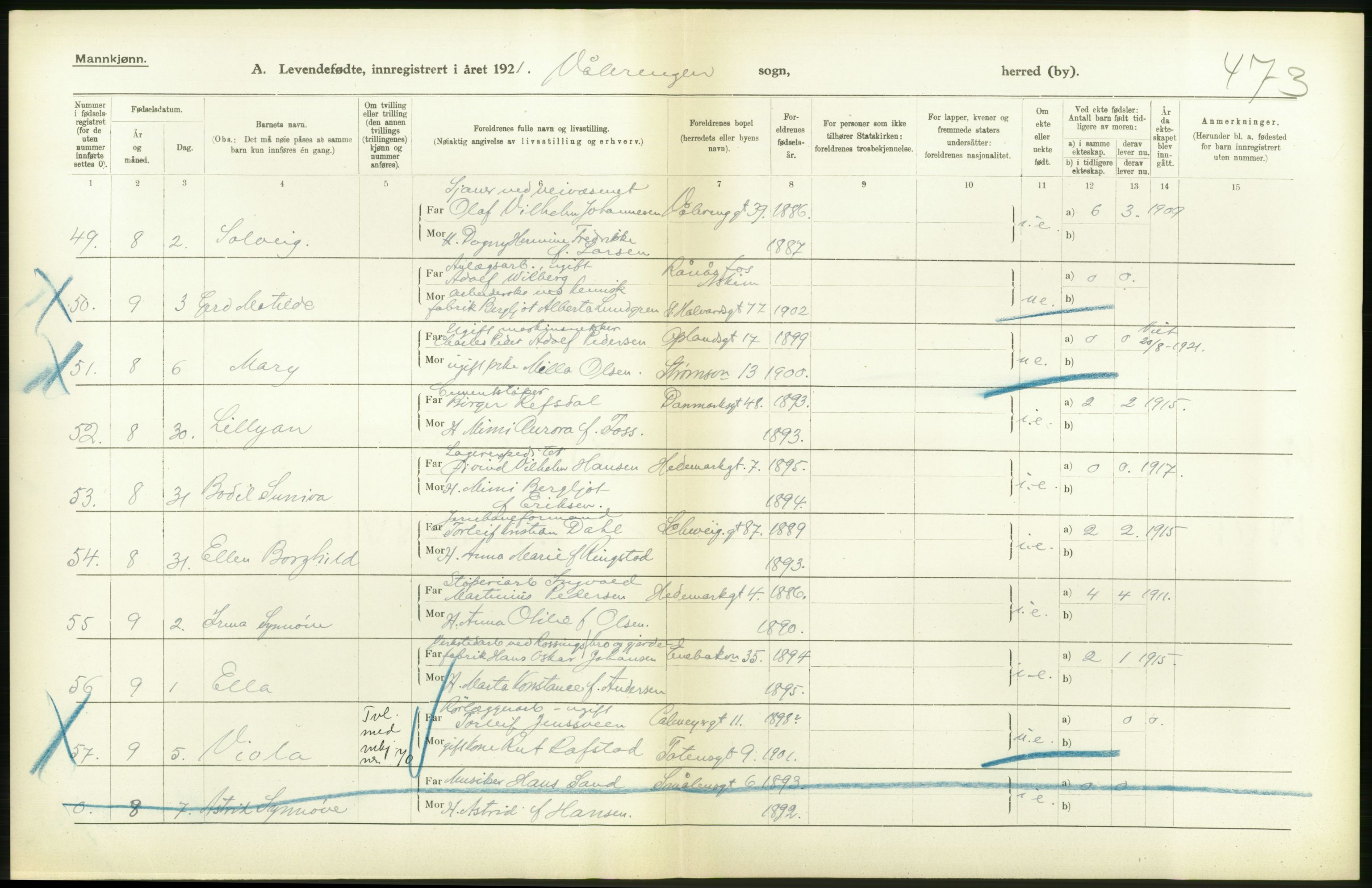 Statistisk sentralbyrå, Sosiodemografiske emner, Befolkning, RA/S-2228/D/Df/Dfc/Dfca/L0009: Kristiania: Levendefødte menn og kvinner., 1921, s. 194