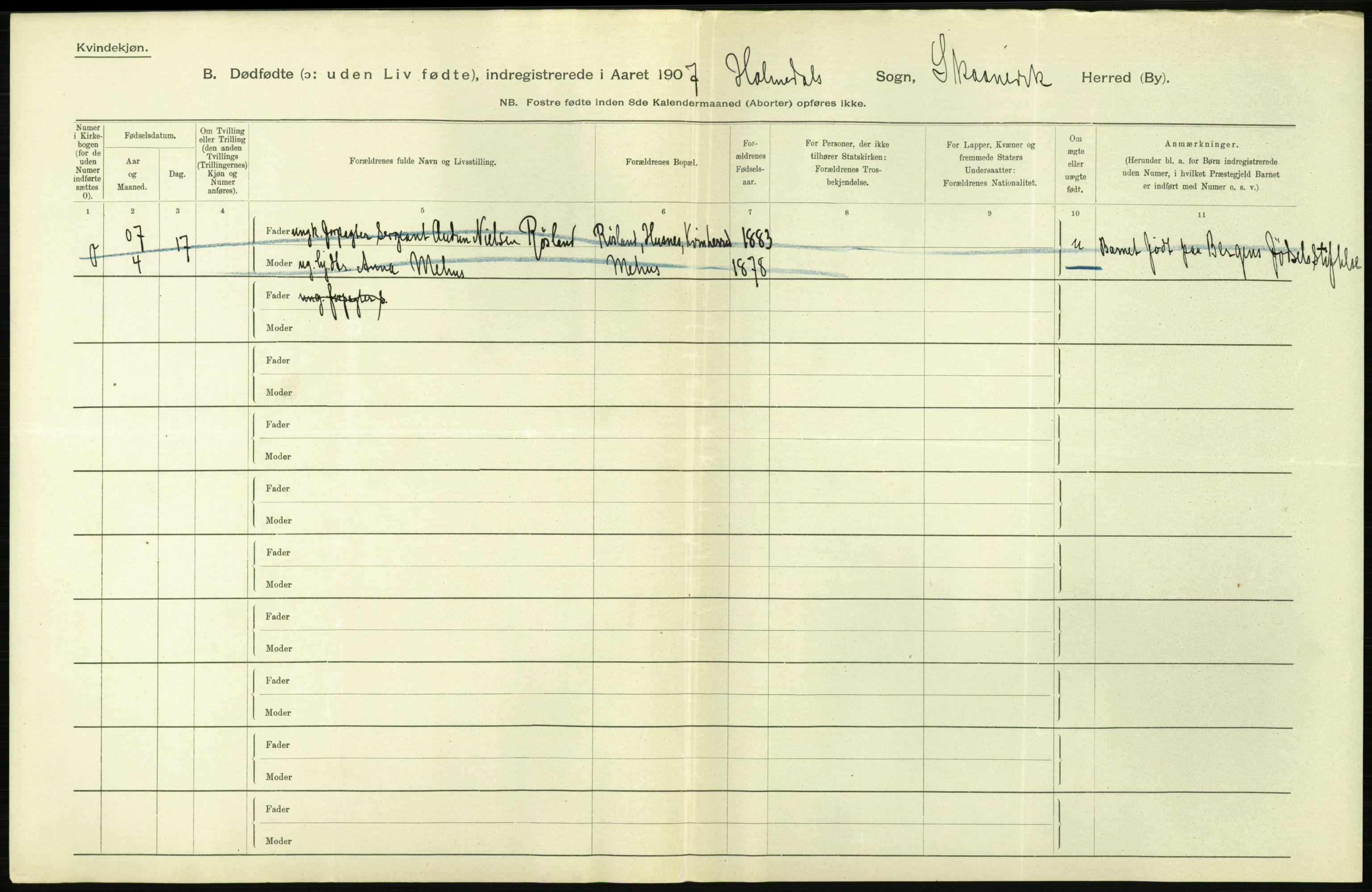 Statistisk sentralbyrå, Sosiodemografiske emner, Befolkning, RA/S-2228/D/Df/Dfa/Dfae/L0029: S. Bergenhus amt: Gifte, dødfødte. Bygder., 1907, s. 306