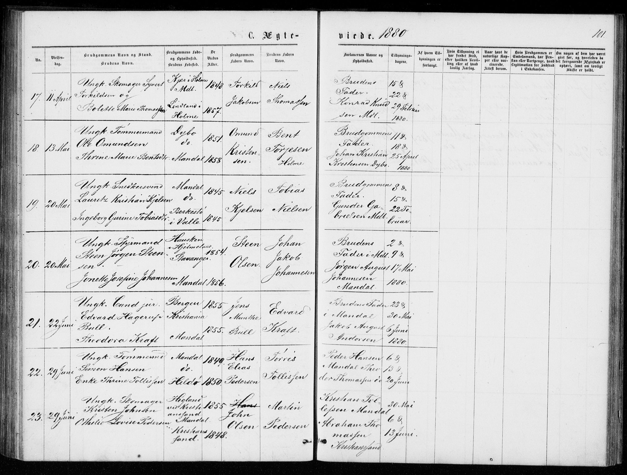 Mandal sokneprestkontor, AV/SAK-1111-0030/F/Fb/Fba/L0010: Klokkerbok nr. B 4, 1876-1880, s. 101