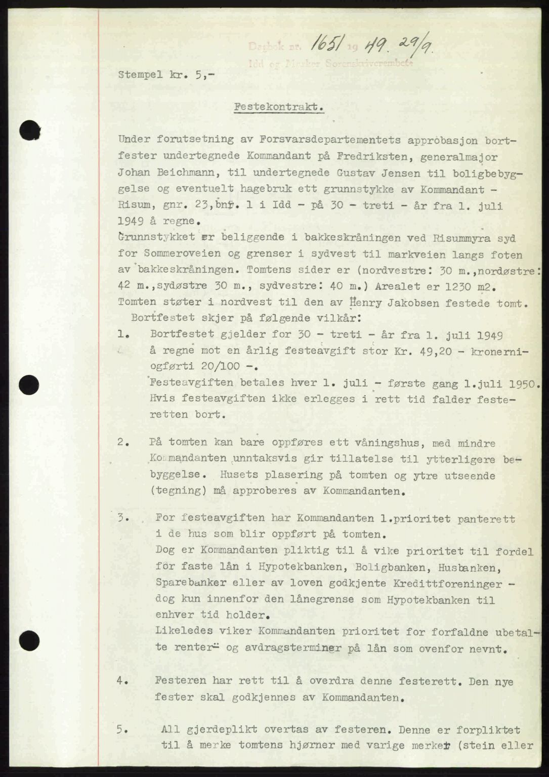 Idd og Marker sorenskriveri, SAO/A-10283/G/Gb/Gbb/L0012: Pantebok nr. A12, 1949-1949, Dagboknr: 1651/1949