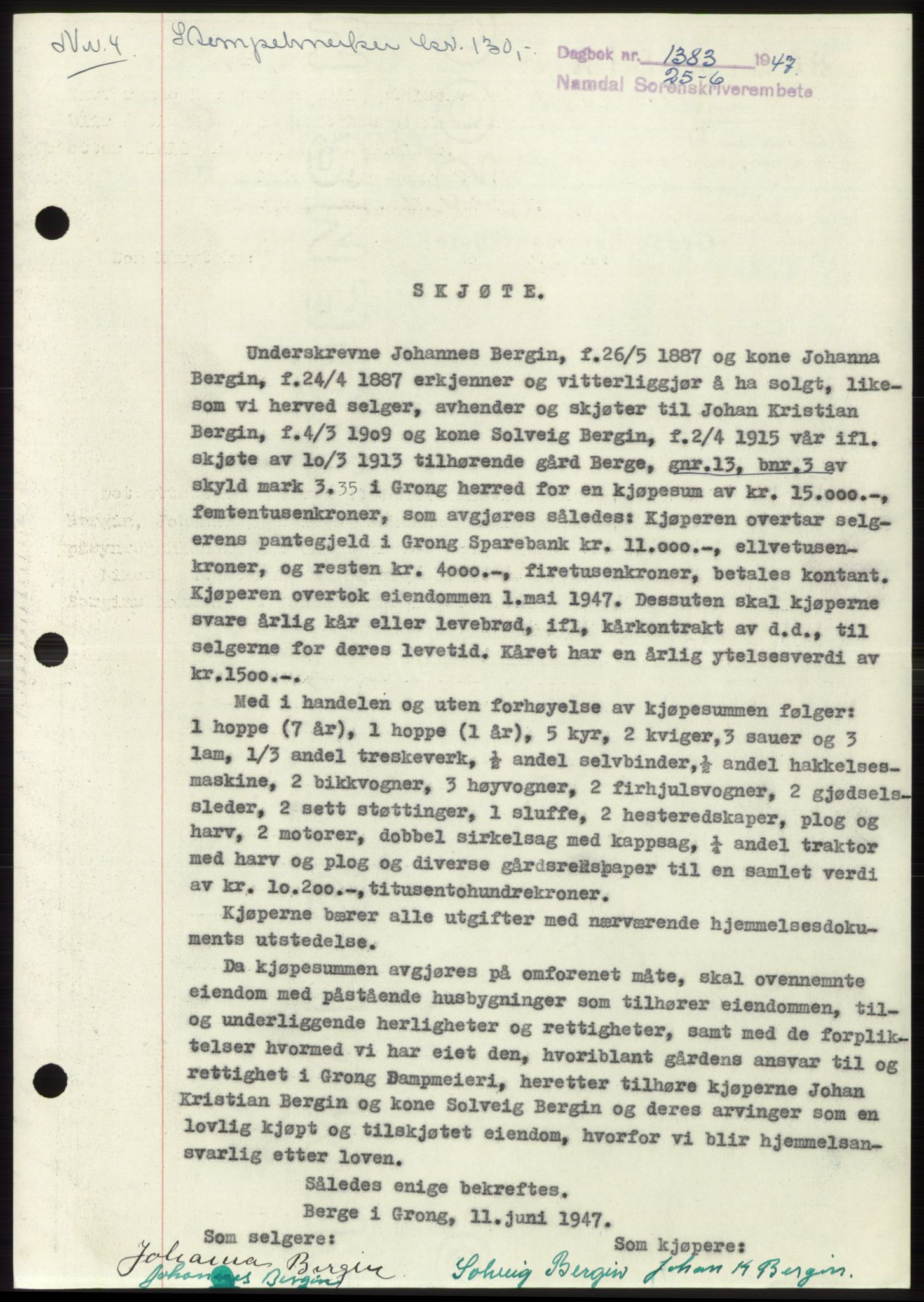 Namdal sorenskriveri, SAT/A-4133/1/2/2C: Pantebok nr. -, 1947-1947, Dagboknr: 1383/1947