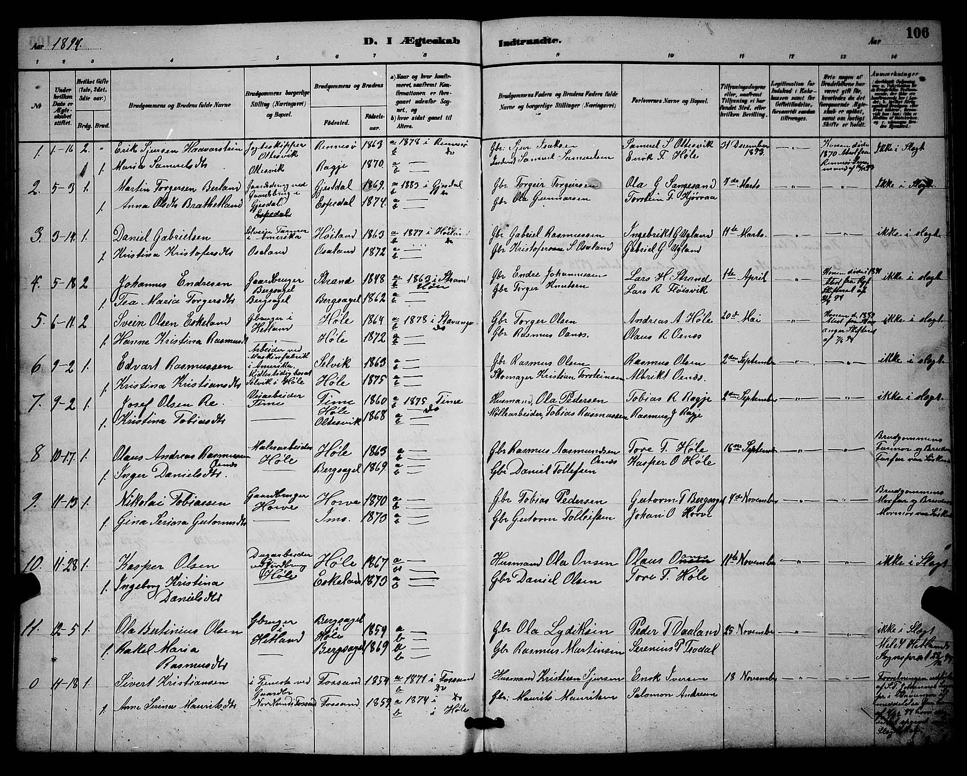 Høgsfjord sokneprestkontor, AV/SAST-A-101624/H/Ha/Hab/L0003: Klokkerbok nr. B 3, 1886-1905, s. 106