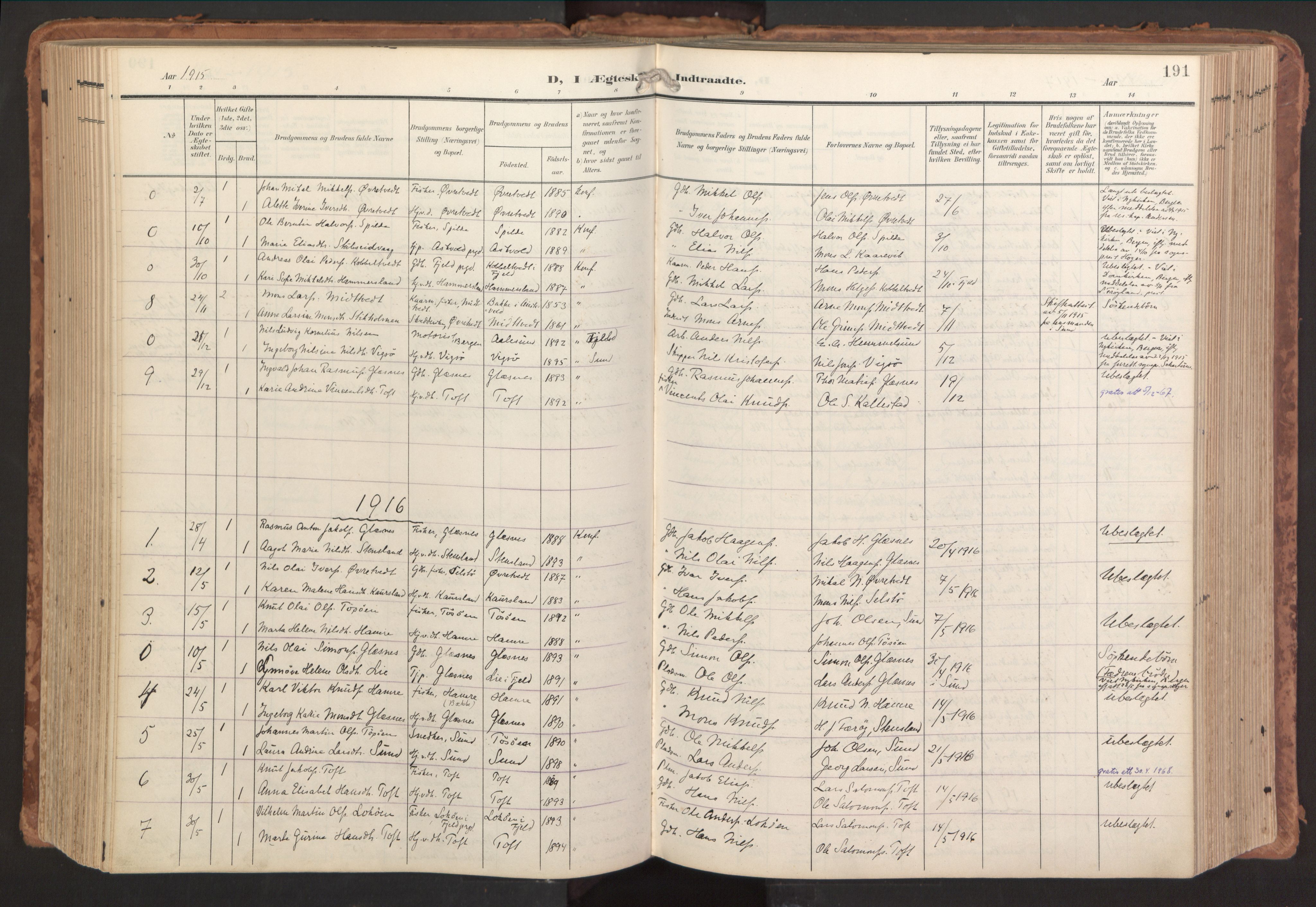 Sund sokneprestembete, AV/SAB-A-99930: Ministerialbok nr. B 2, 1907-1926, s. 191