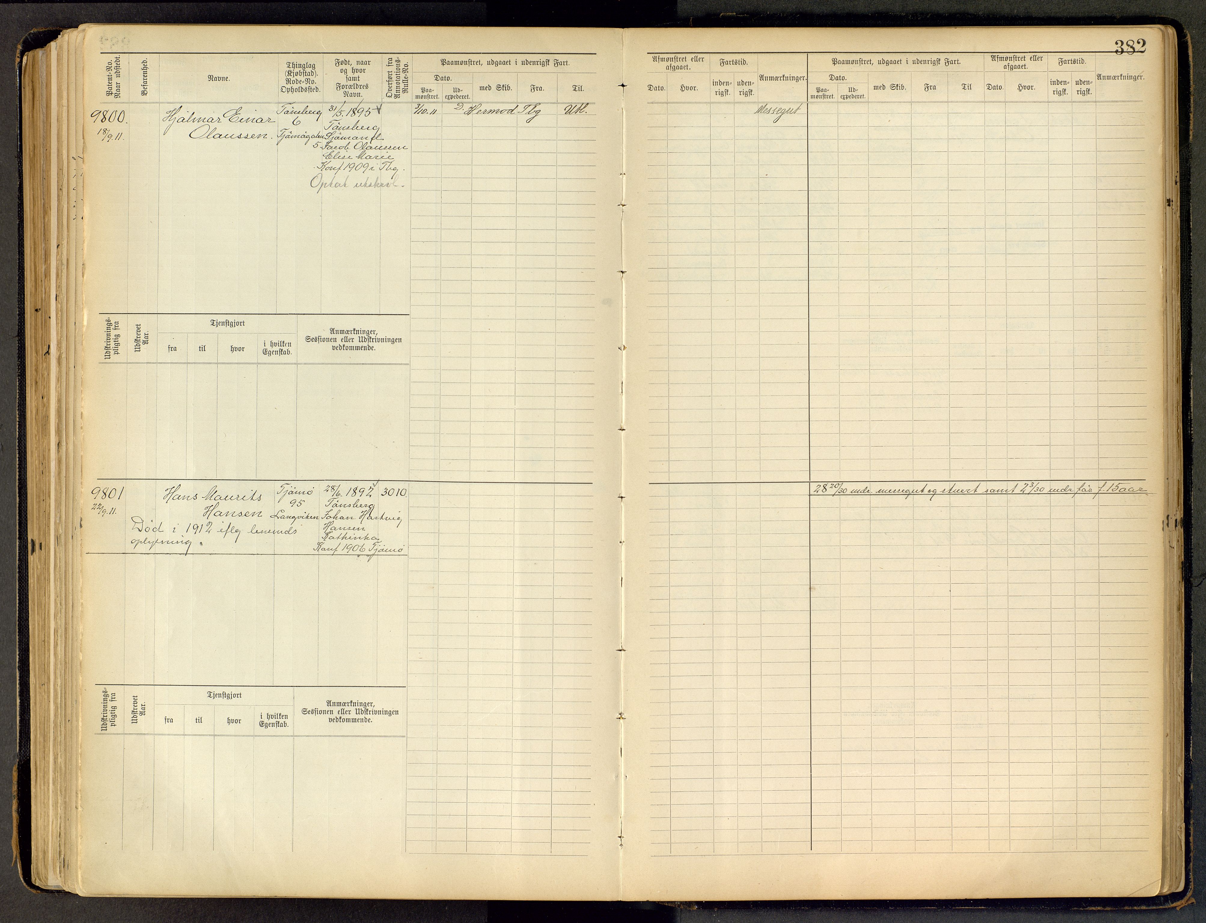 Tønsberg innrulleringskontor, SAKO/A-786/F/Fc/Fca/L0011: Hovedrulle Patent nr. 9038-9992, 1900-1912, s. 382