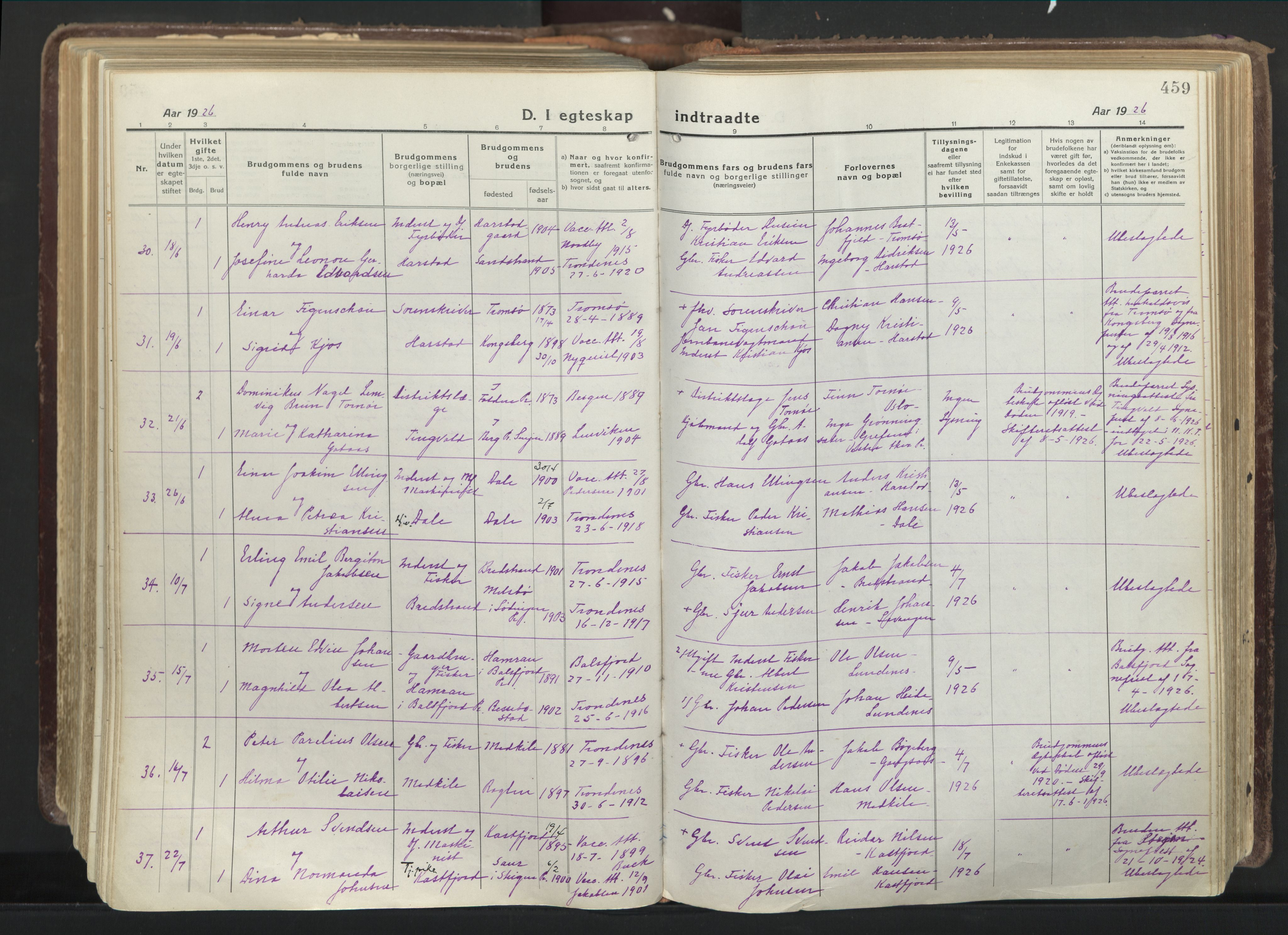 Trondenes sokneprestkontor, AV/SATØ-S-1319/H/Ha/L0019kirke: Ministerialbok nr. 19, 1919-1928, s. 459