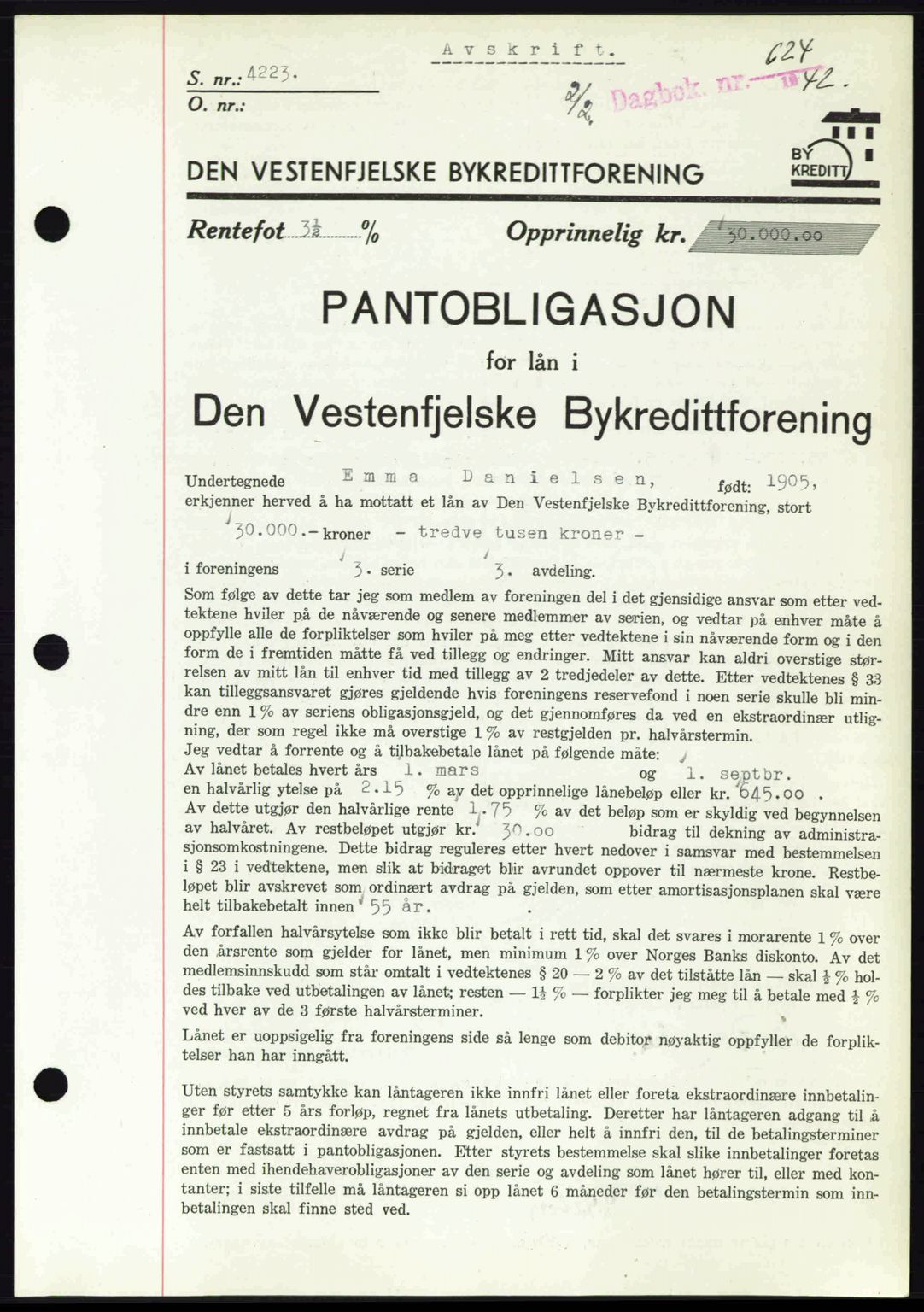 Byfogd og Byskriver i Bergen, SAB/A-3401/03/03Bd/L0001: Pantebok nr. B1-25, 1936-1945, Dagboknr: 624/1942