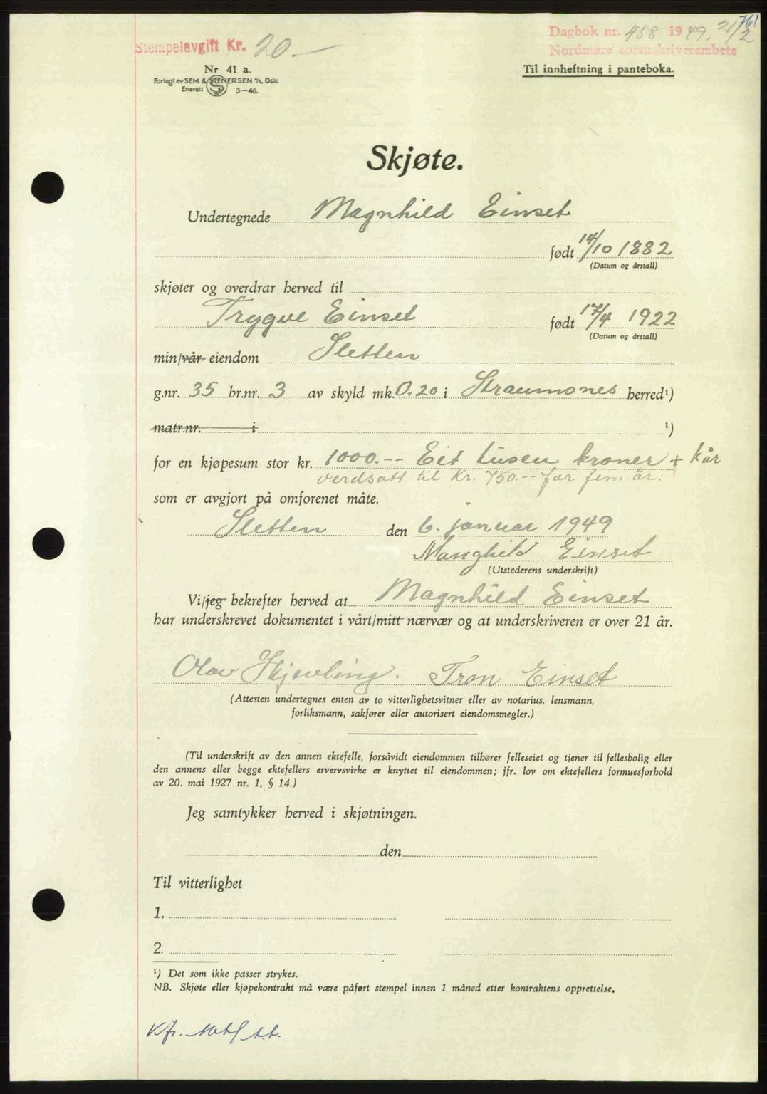 Nordmøre sorenskriveri, AV/SAT-A-4132/1/2/2Ca: Pantebok nr. A110, 1948-1949, Dagboknr: 458/1949