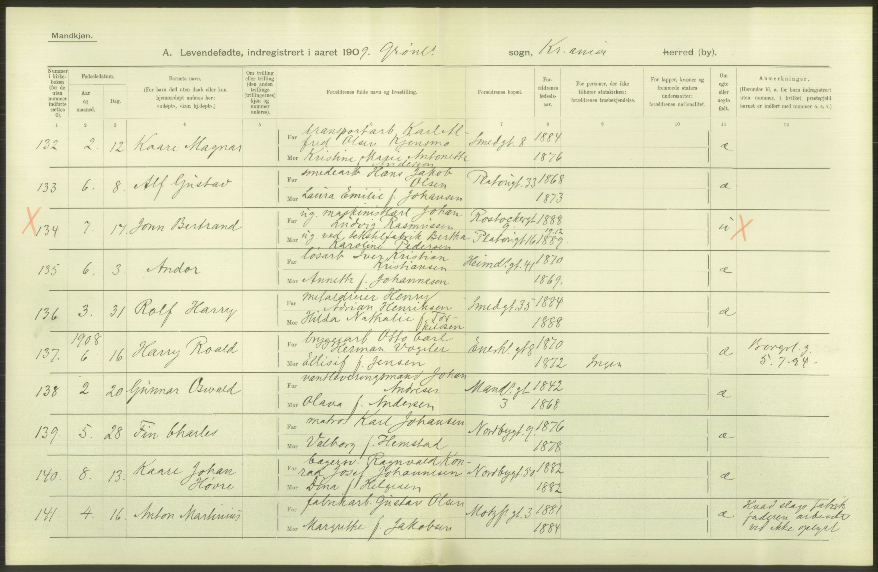 Statistisk sentralbyrå, Sosiodemografiske emner, Befolkning, AV/RA-S-2228/D/Df/Dfa/Dfag/L0007: Kristiania: Levendefødte menn og kvinner., 1909, s. 228