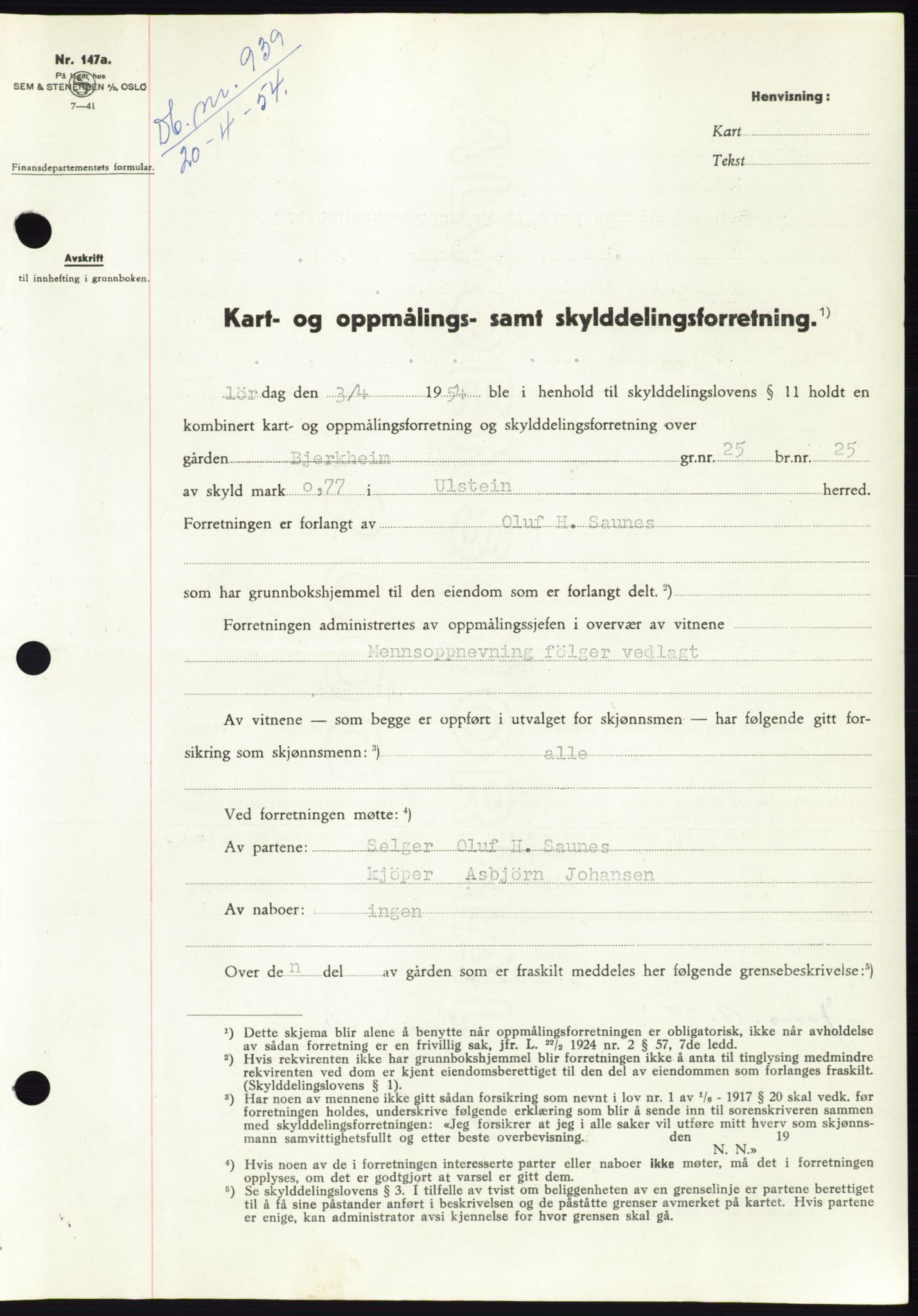 Søre Sunnmøre sorenskriveri, SAT/A-4122/1/2/2C/L0097: Pantebok nr. 23A, 1954-1954, Dagboknr: 939/1954