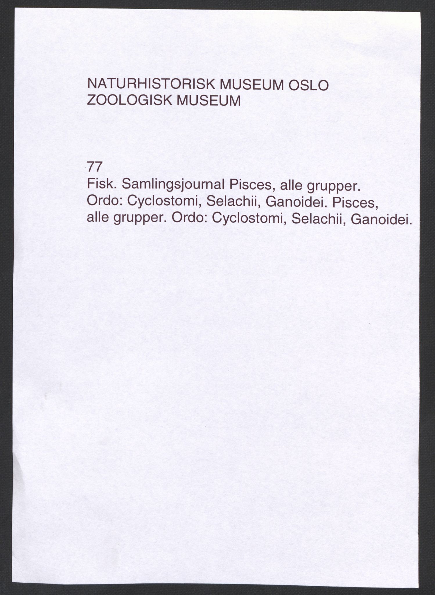 Naturhistorisk museum (Oslo), Zoologisk museum, NHMO/001/A/008: Lnr. 8 - Fisk. Taksonomisk journal. Pisces, alle grupper. Ordo: Cyclostomi, Selachii, Ganoidei