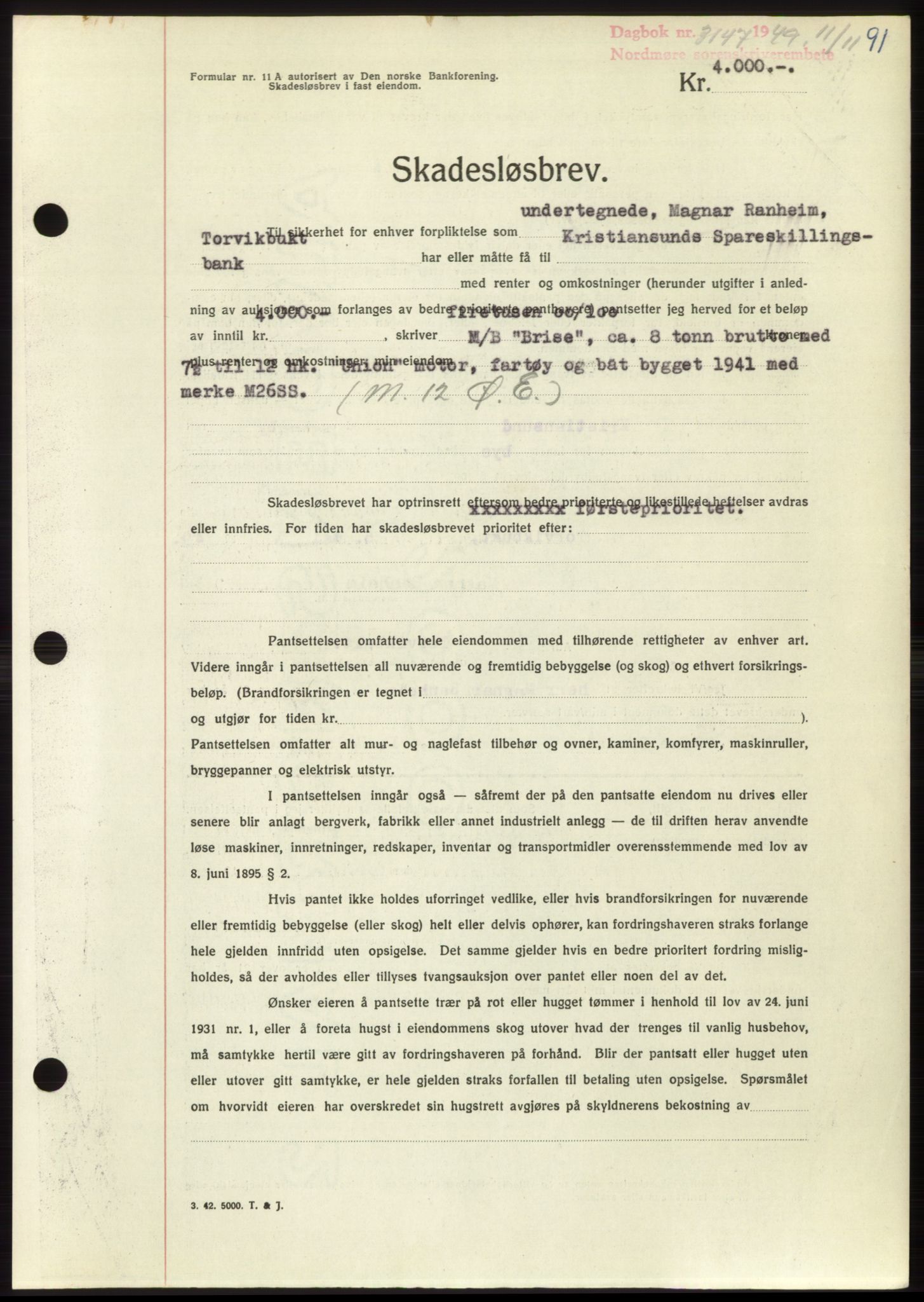 Nordmøre sorenskriveri, SAT/A-4132/1/2/2Ca: Pantebok nr. B103, 1949-1950, Dagboknr: 3147/1949