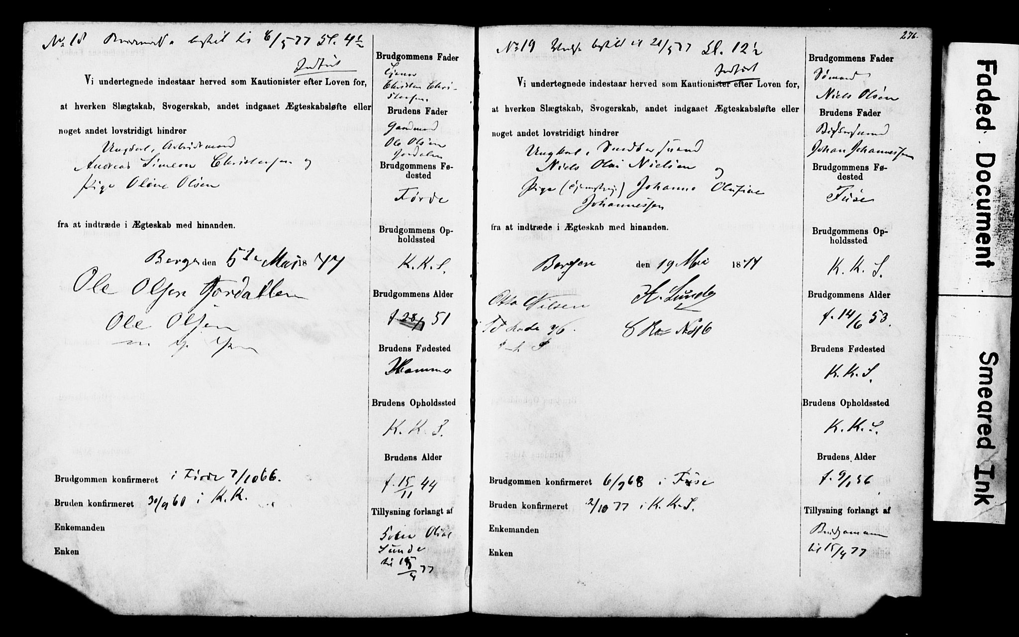 Korskirken sokneprestembete, SAB/A-76101: Forlovererklæringer nr. II.5.4, 1871-1878, s. 276