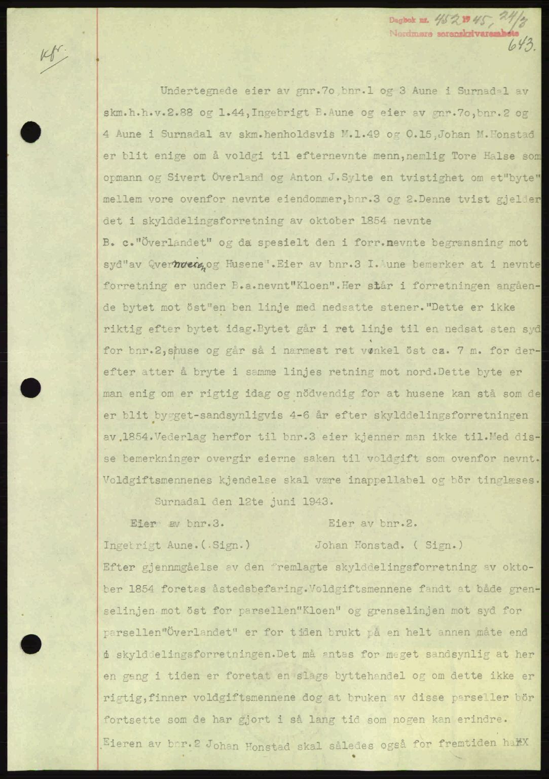 Nordmøre sorenskriveri, AV/SAT-A-4132/1/2/2Ca: Pantebok nr. B92, 1944-1945, Dagboknr: 452/1945