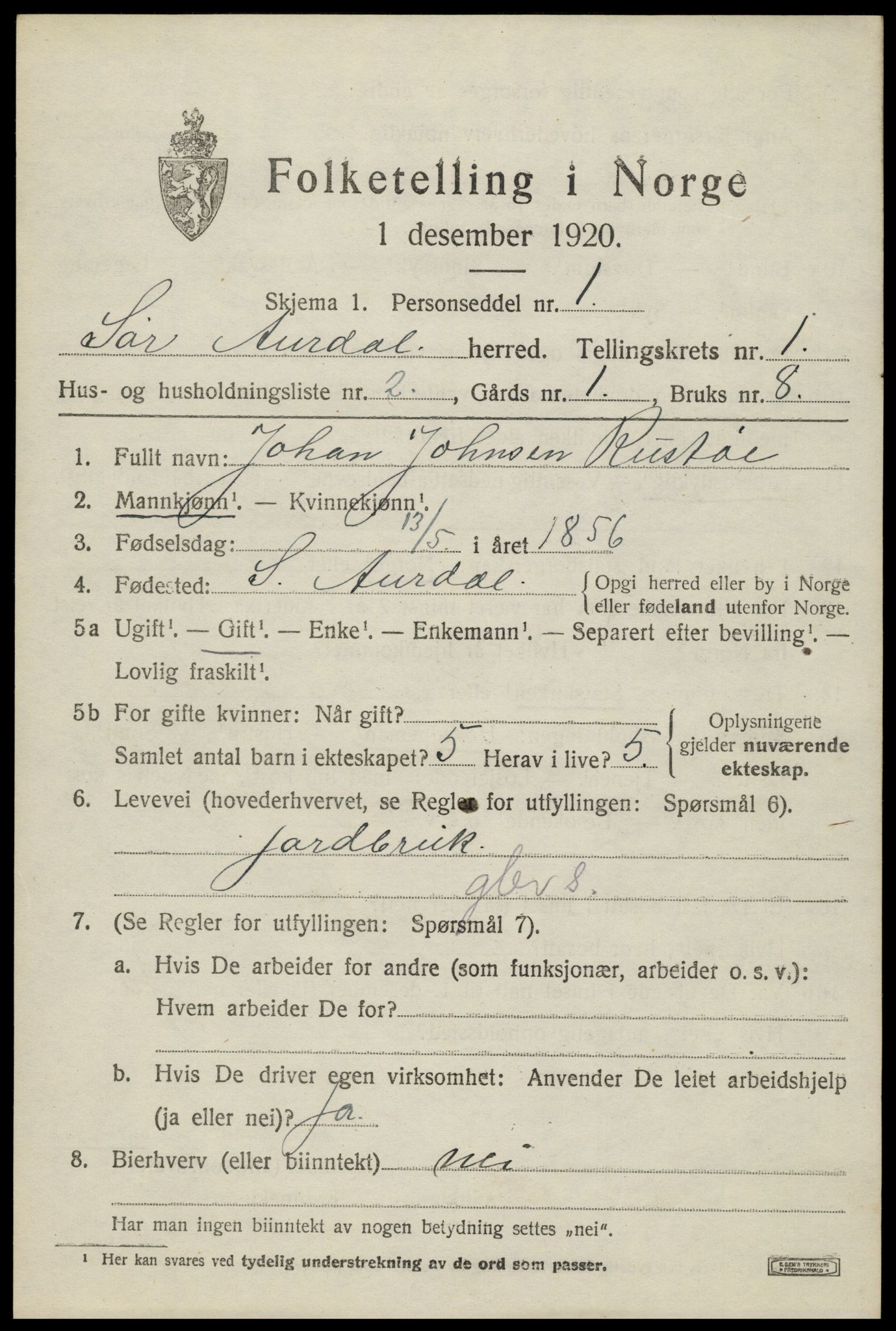 SAH, Folketelling 1920 for 0540 Sør-Aurdal herred, 1920, s. 1529