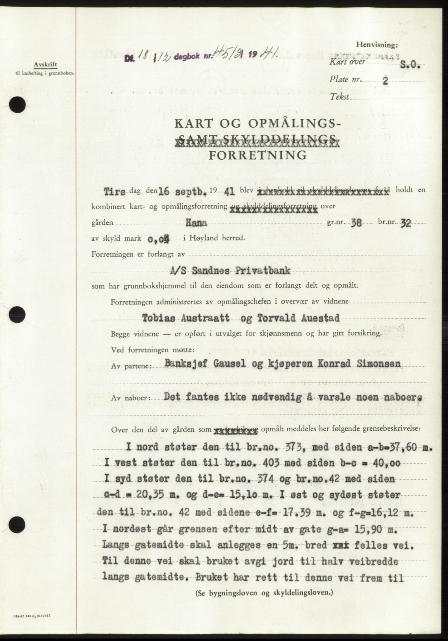 Jæren sorenskriveri, SAST/A-100310/03/G/Gba/L0081: Pantebok, 1941-1941, Dagboknr: 4513/1941