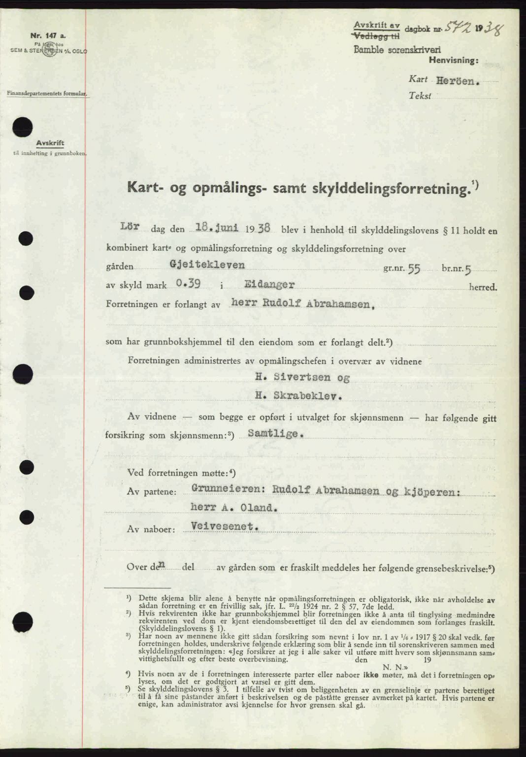 Bamble sorenskriveri, AV/SAKO-A-214/G/Ga/Gag/L0002: Pantebok nr. A-2, 1937-1938, Dagboknr: 572/1938