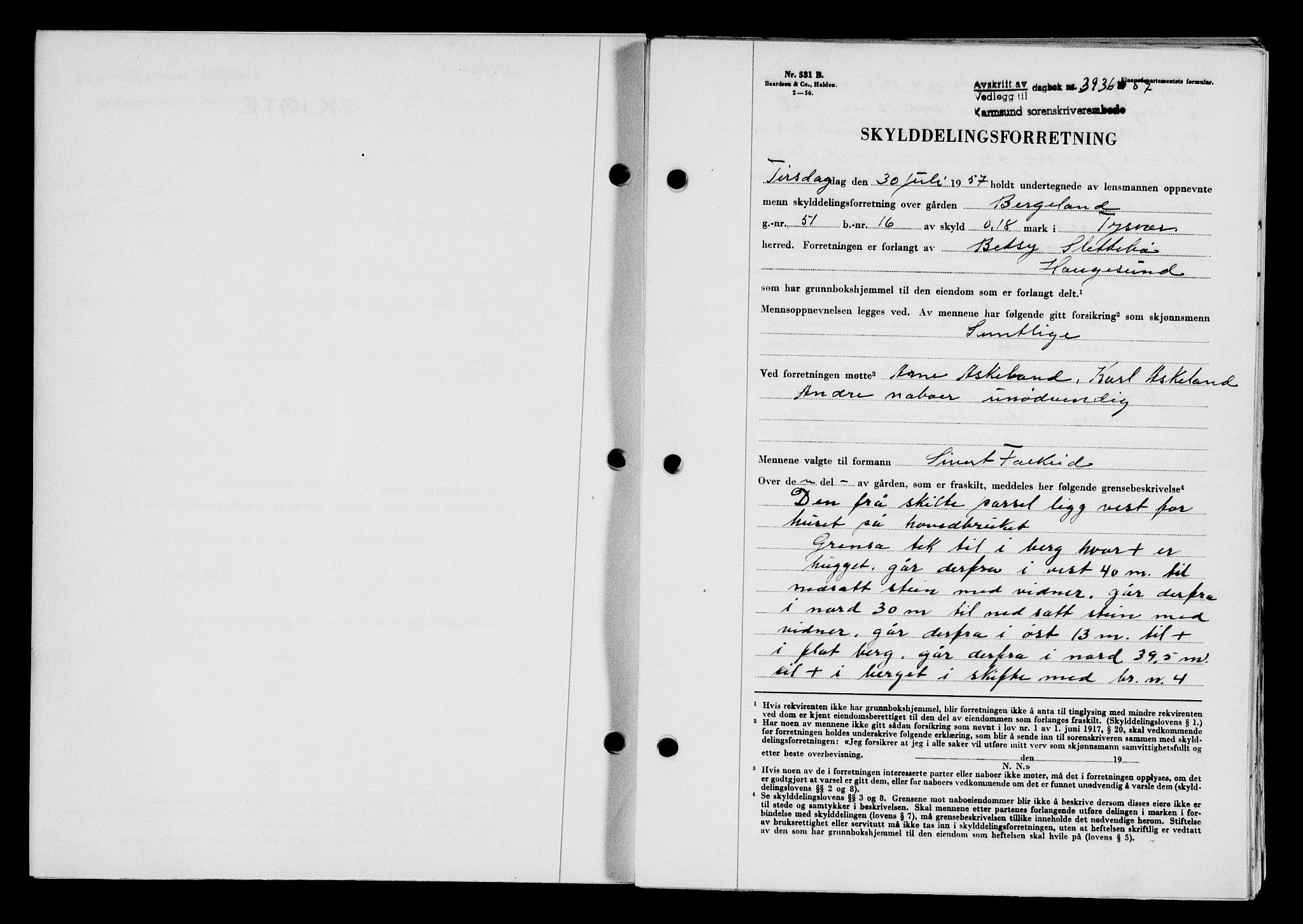 Karmsund sorenskriveri, SAST/A-100311/01/II/IIB/L0127: Pantebok nr. 107A, 1957-1958, Dagboknr: 3936/1957