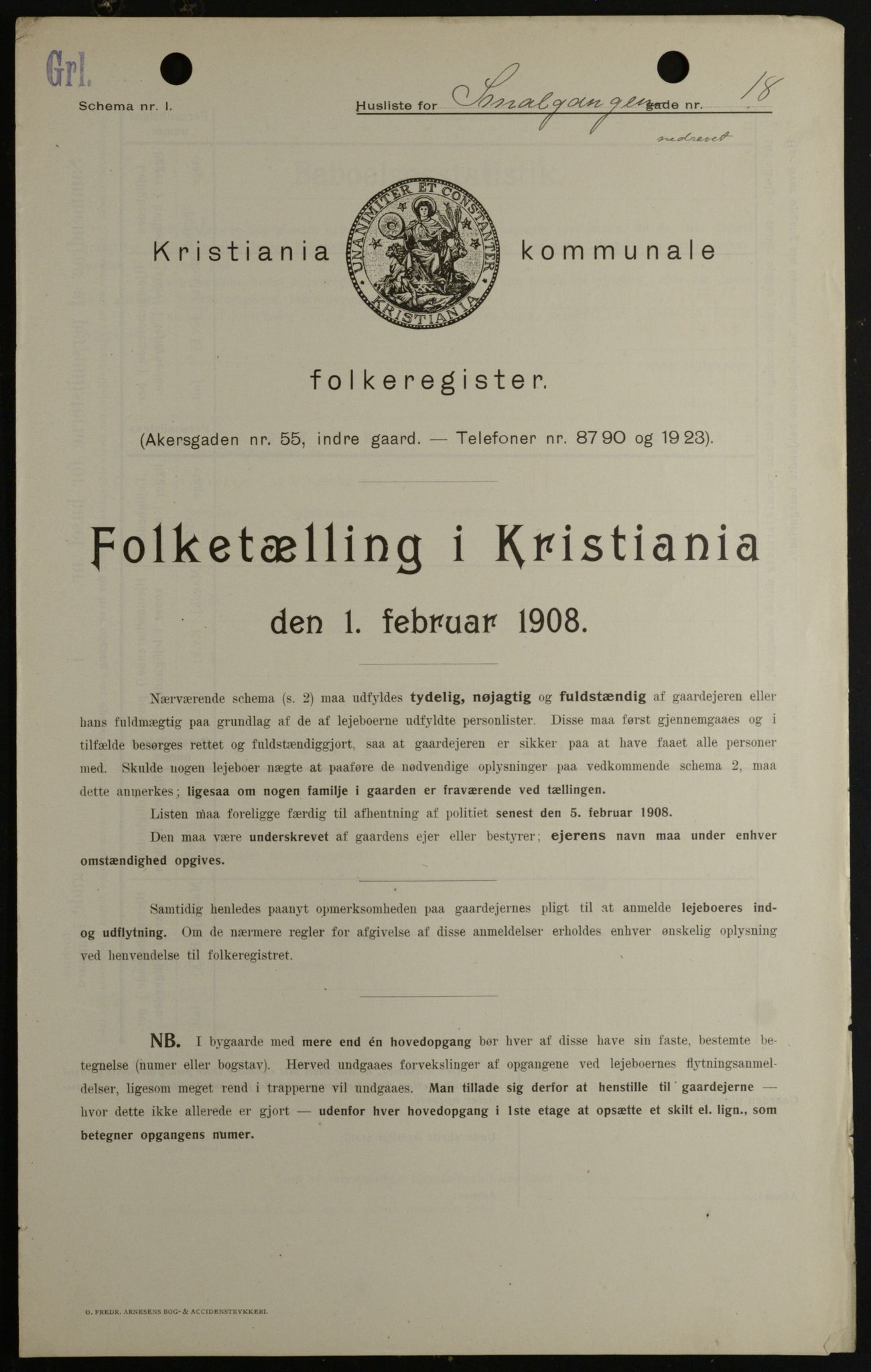 OBA, Kommunal folketelling 1.2.1908 for Kristiania kjøpstad, 1908, s. 87416