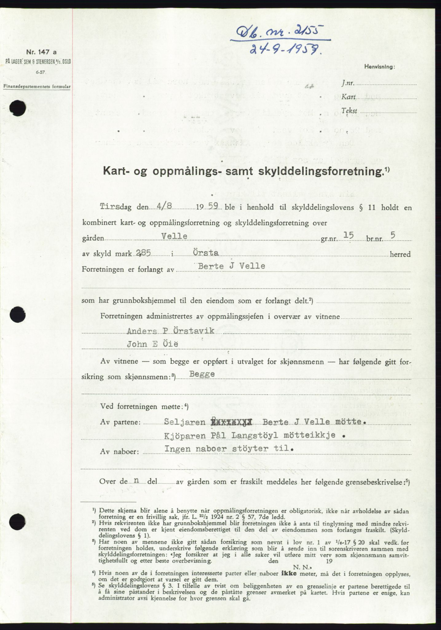 Søre Sunnmøre sorenskriveri, SAT/A-4122/1/2/2C/L0113: Pantebok nr. 39A, 1959-1959, Dagboknr: 2155/1959