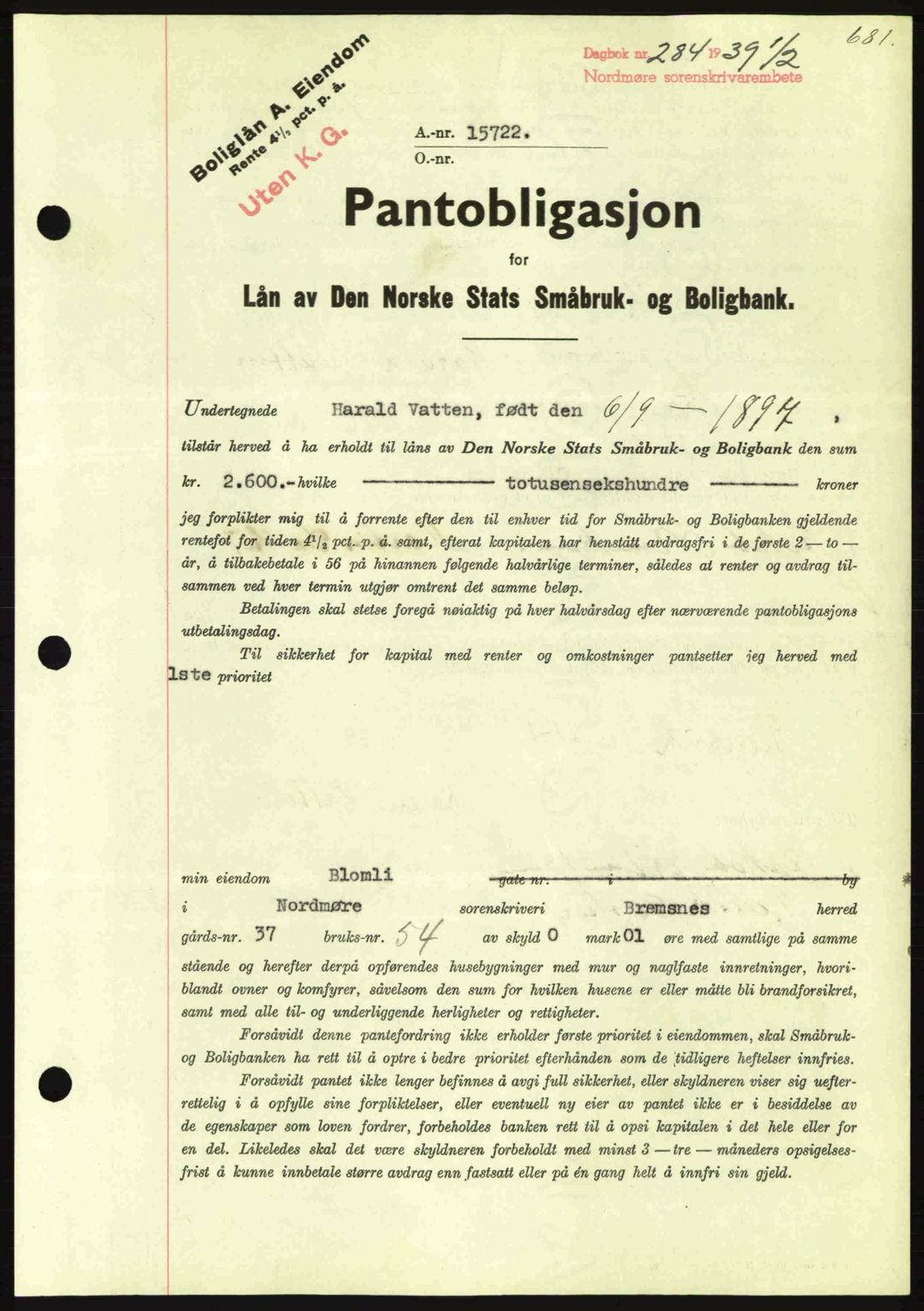 Nordmøre sorenskriveri, SAT/A-4132/1/2/2Ca: Pantebok nr. B84, 1938-1939, Dagboknr: 284/1939