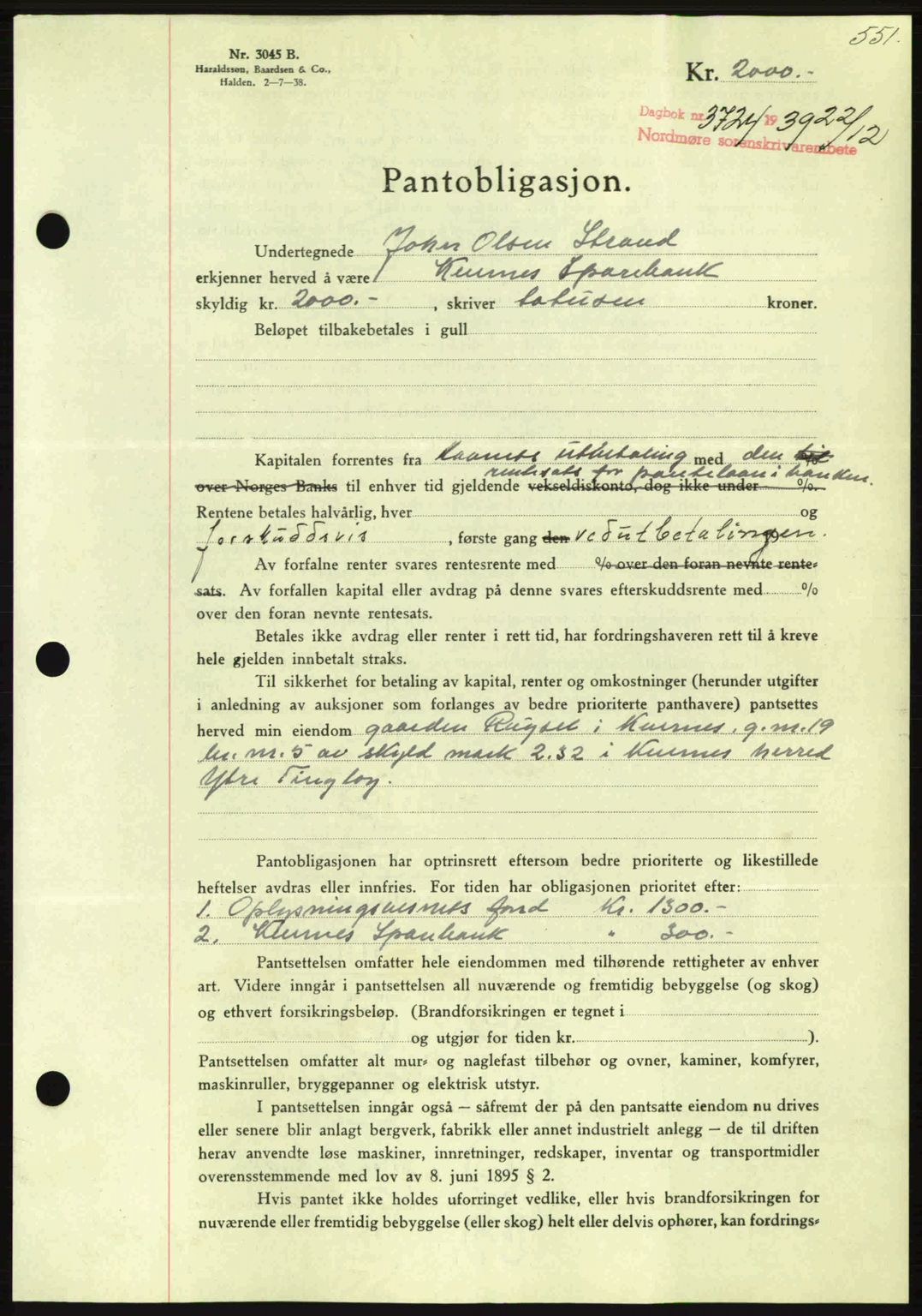 Nordmøre sorenskriveri, AV/SAT-A-4132/1/2/2Ca: Pantebok nr. B86, 1939-1940, Dagboknr: 3724/1939