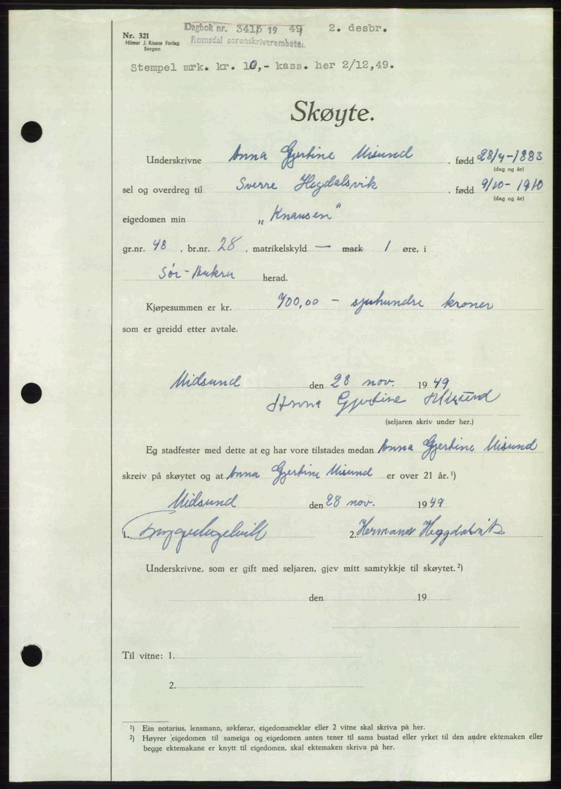 Romsdal sorenskriveri, SAT/A-4149/1/2/2C: Pantebok nr. A31, 1949-1949, Dagboknr: 3413/1949