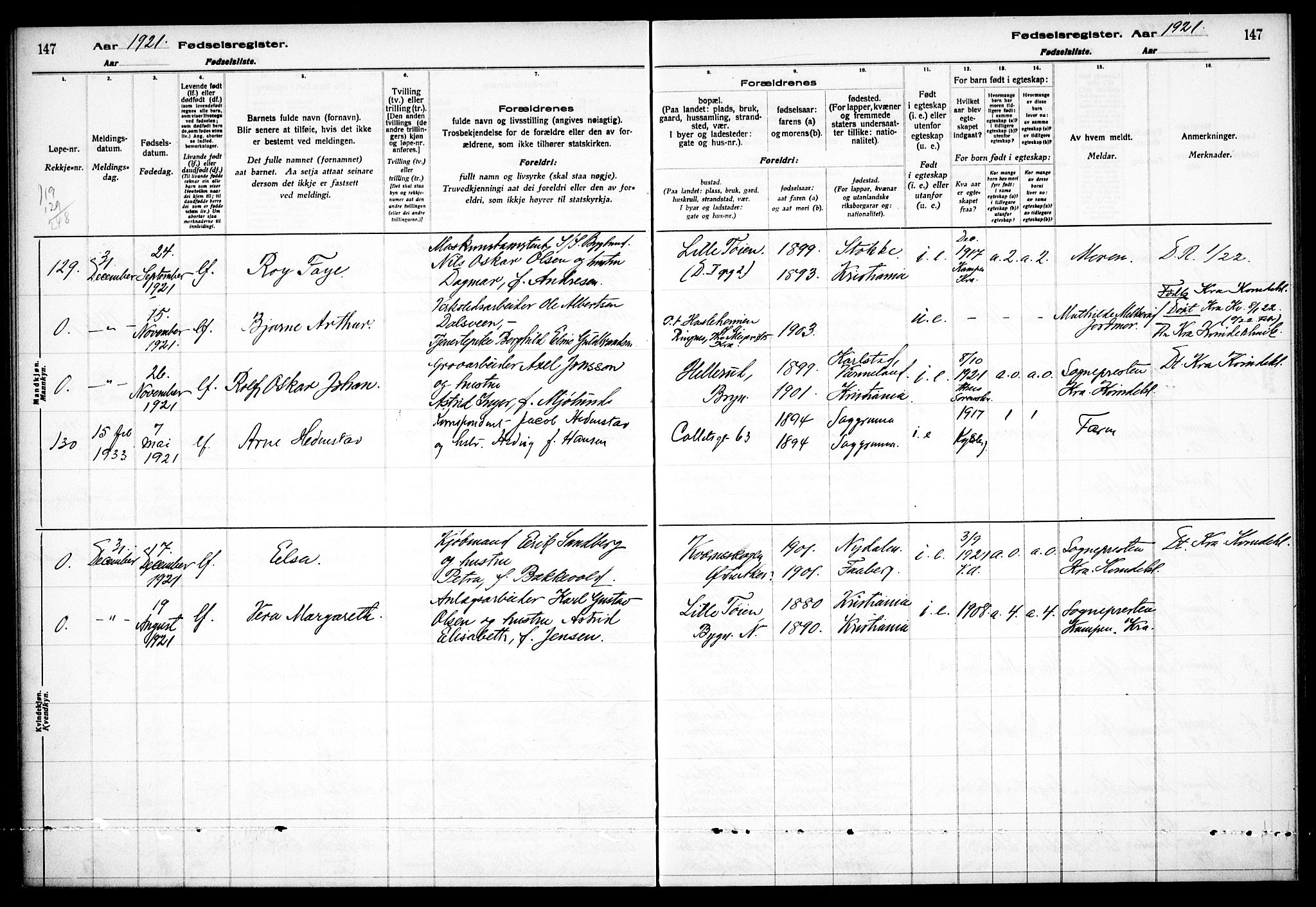 Østre Aker prestekontor Kirkebøker, AV/SAO-A-10840/J/Ja/L0001: Fødselsregister nr. I 1, 1916-1923, s. 147