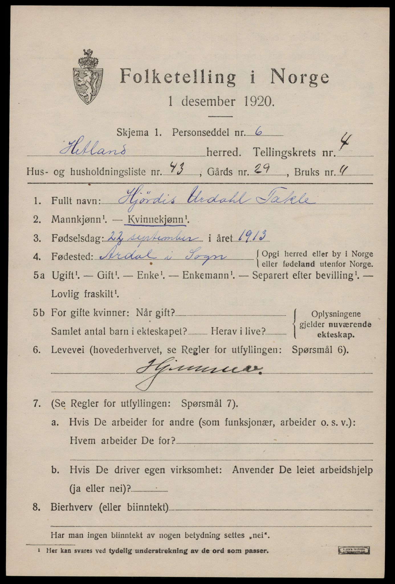 SAST, Folketelling 1920 for 1126 Hetland herred, 1920, s. 6783