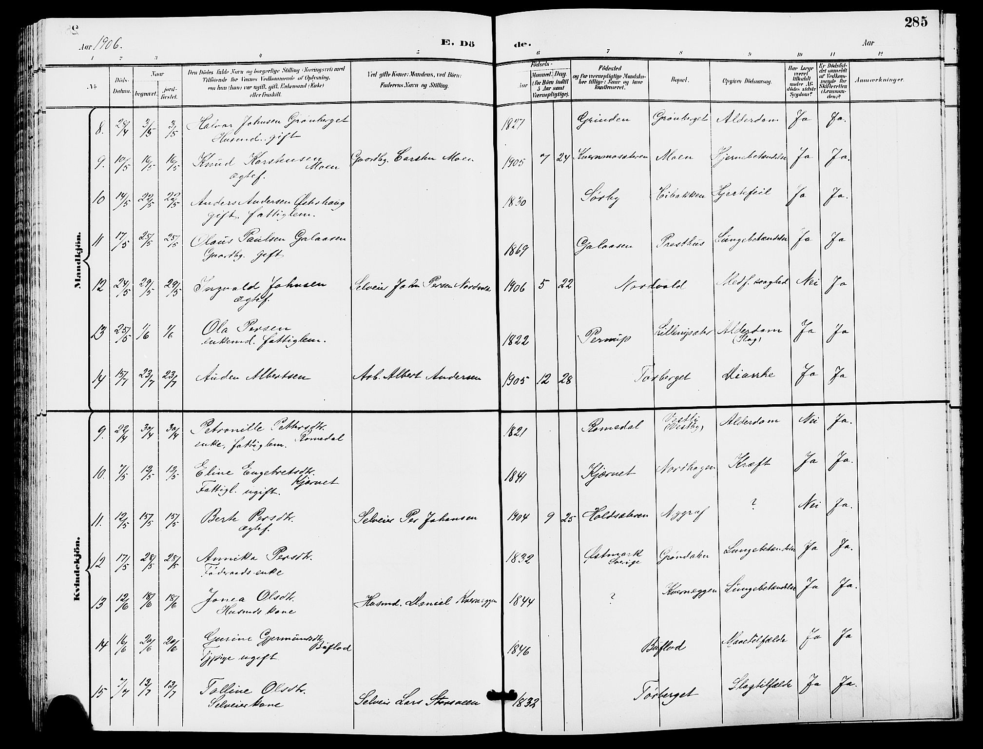 Trysil prestekontor, AV/SAH-PREST-046/H/Ha/Hab/L0006: Klokkerbok nr. 6, 1896-1912, s. 285