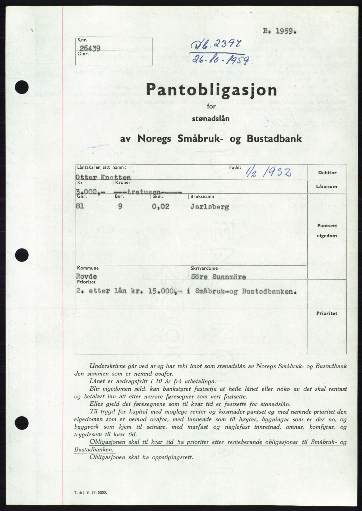 Søre Sunnmøre sorenskriveri, SAT/A-4122/1/2/2C/L0133: Pantebok nr. 21B, 1959-1959, Dagboknr: 2397/1959