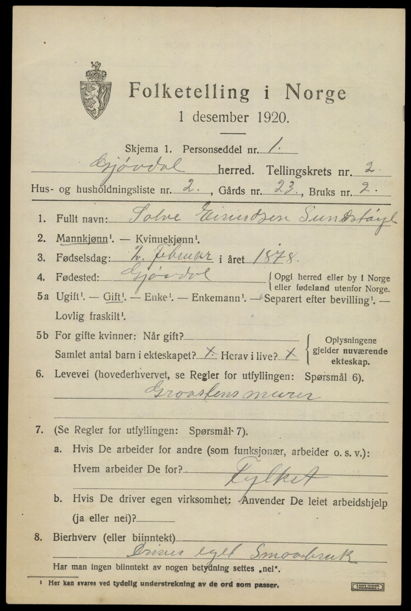 SAK, Folketelling 1920 for 0930 Gjøvdal herred, 1920, s. 838