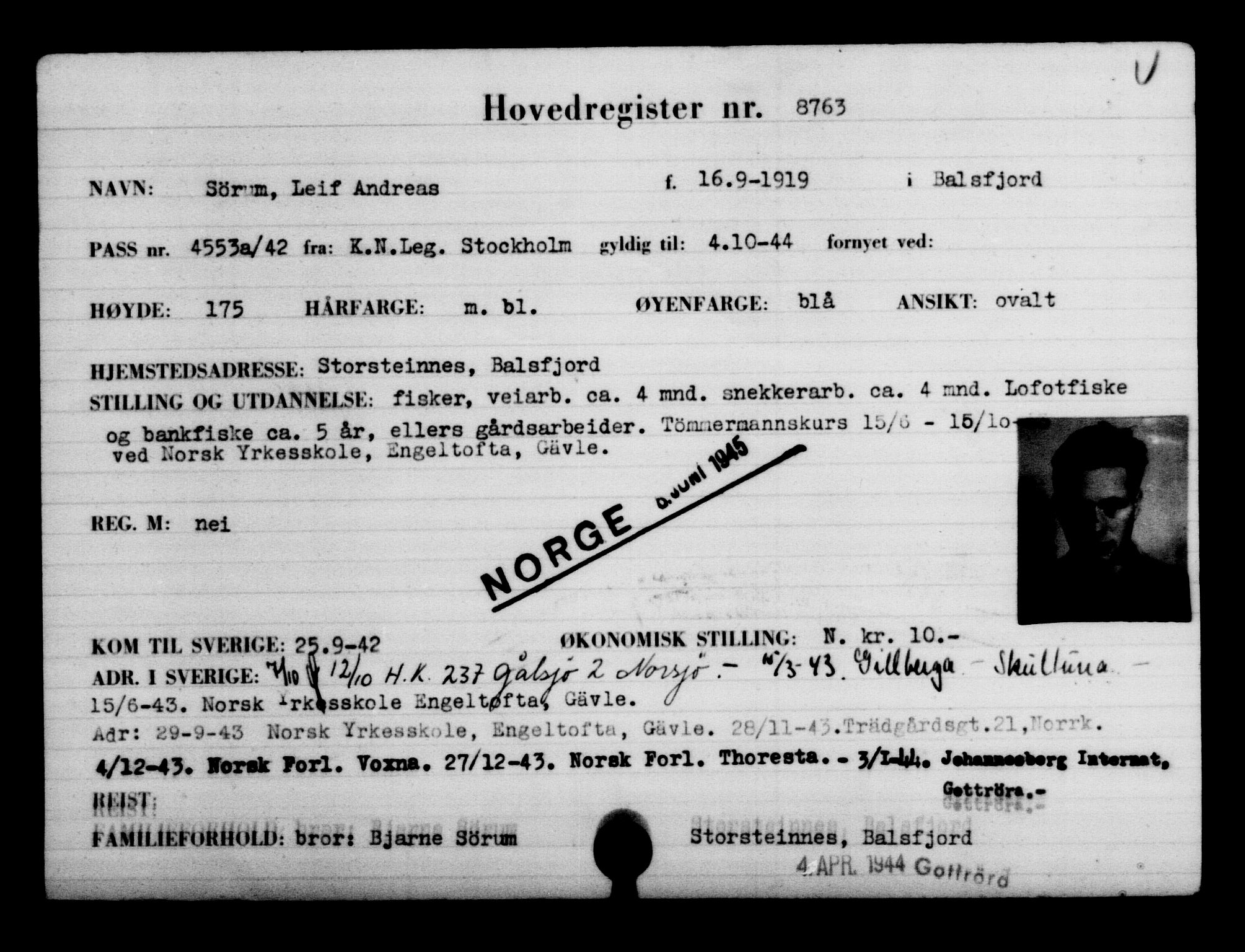 Utenriksstasjonene, Legasjonen i Stockholm, Flyktningkontoret, AV/RA-S-6753/V/Va/L0005: Kjesäterkartoteket, flyktninger med registreringsnr. 6600-9417, 1940-1945, s. 2531