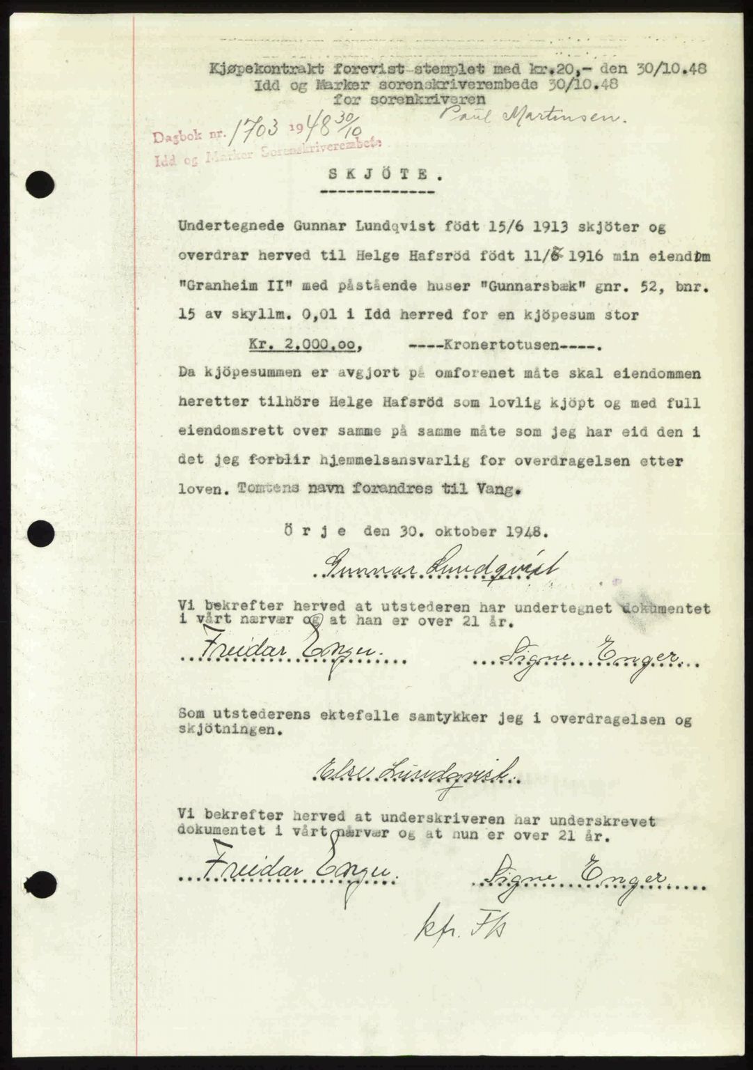 Idd og Marker sorenskriveri, SAO/A-10283/G/Gb/Gbb/L0011: Pantebok nr. A11, 1948-1949, Dagboknr: 1703/1948