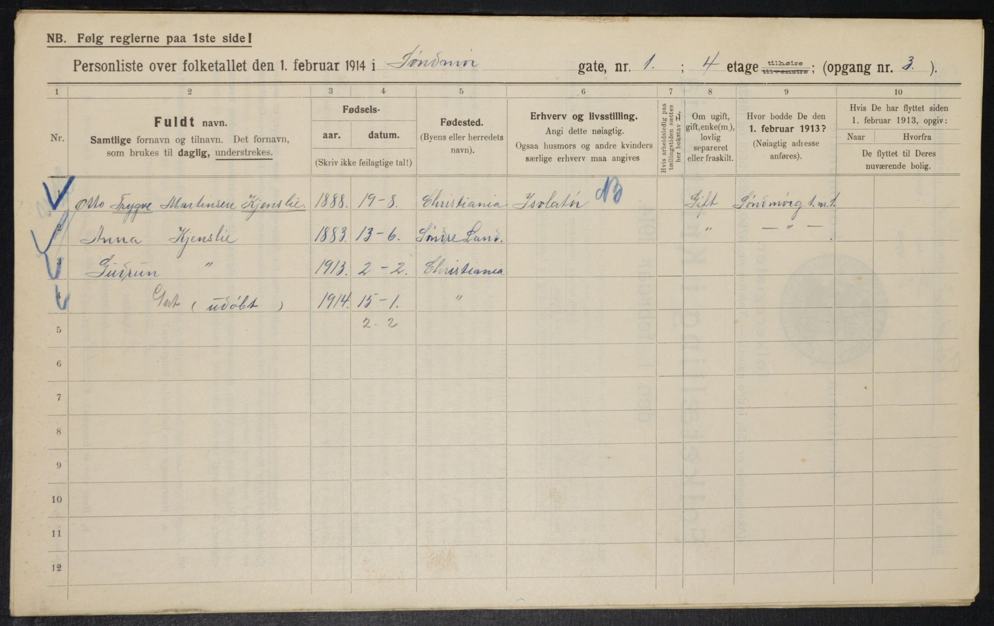 OBA, Kommunal folketelling 1.2.1914 for Kristiania, 1914, s. 105368