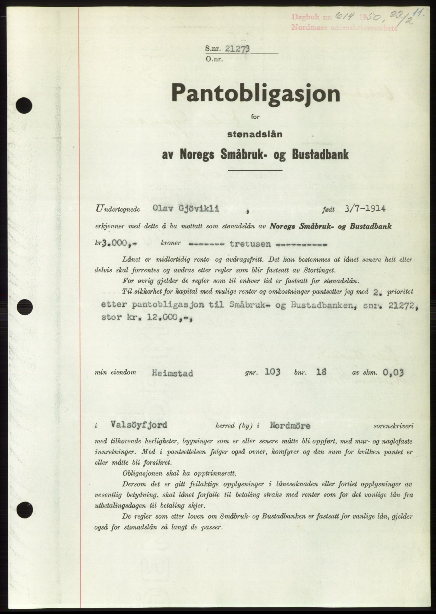 Nordmøre sorenskriveri, SAT/A-4132/1/2/2Ca: Pantebok nr. B104, 1950-1950, Dagboknr: 614/1950
