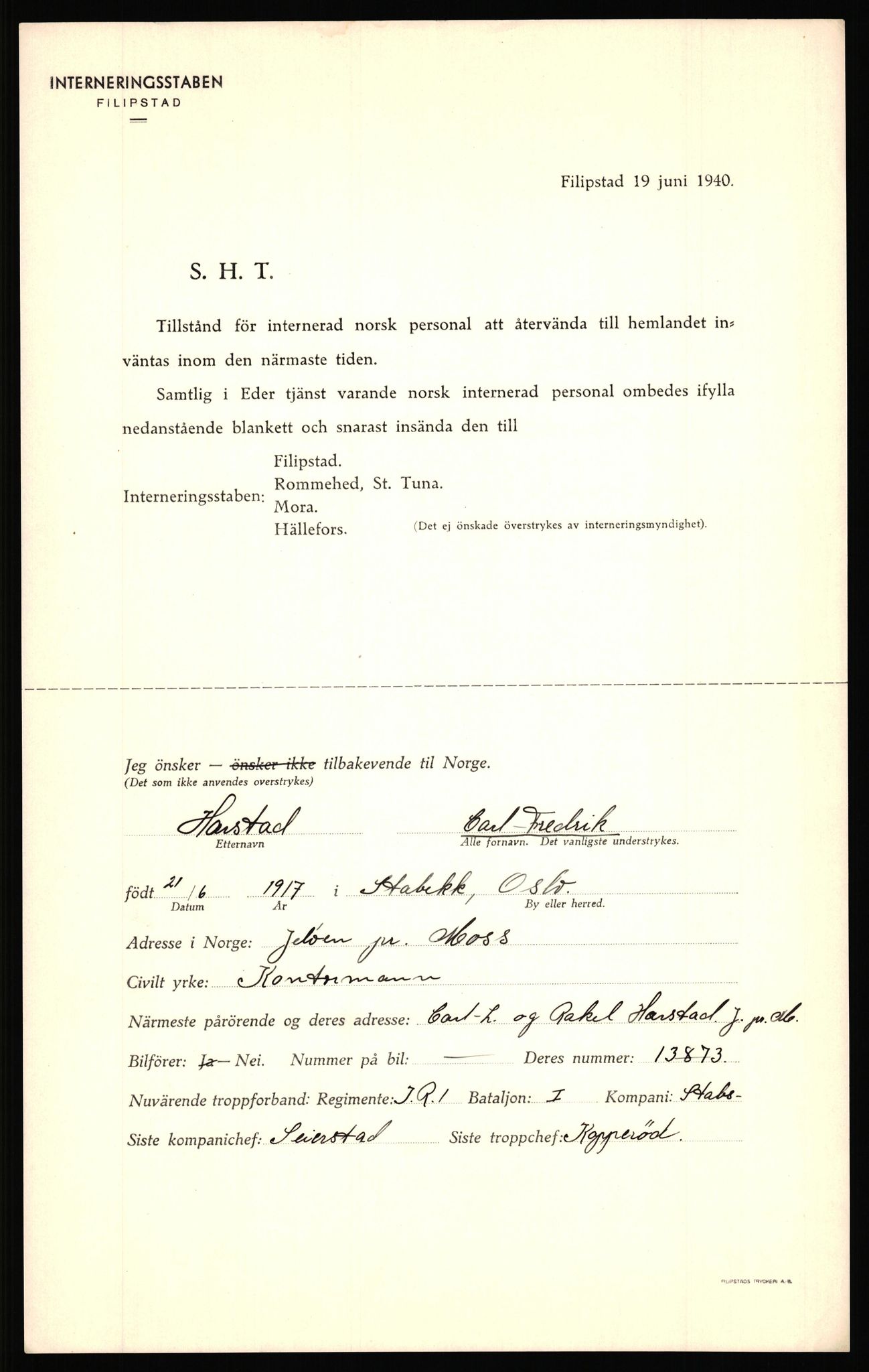 Forsvaret, Forsvarets krigshistoriske avdeling, AV/RA-RAFA-2017/Y/Yf/L0204: II-C-11-2110 - Norske internert i Sverige 1940 / Tysk frigivelse av norsk soldat, 1940, s. 384