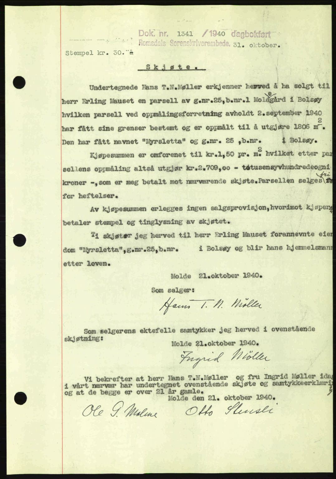Romsdal sorenskriveri, SAT/A-4149/1/2/2C: Pantebok nr. A9, 1940-1941, Dagboknr: 1341/1940