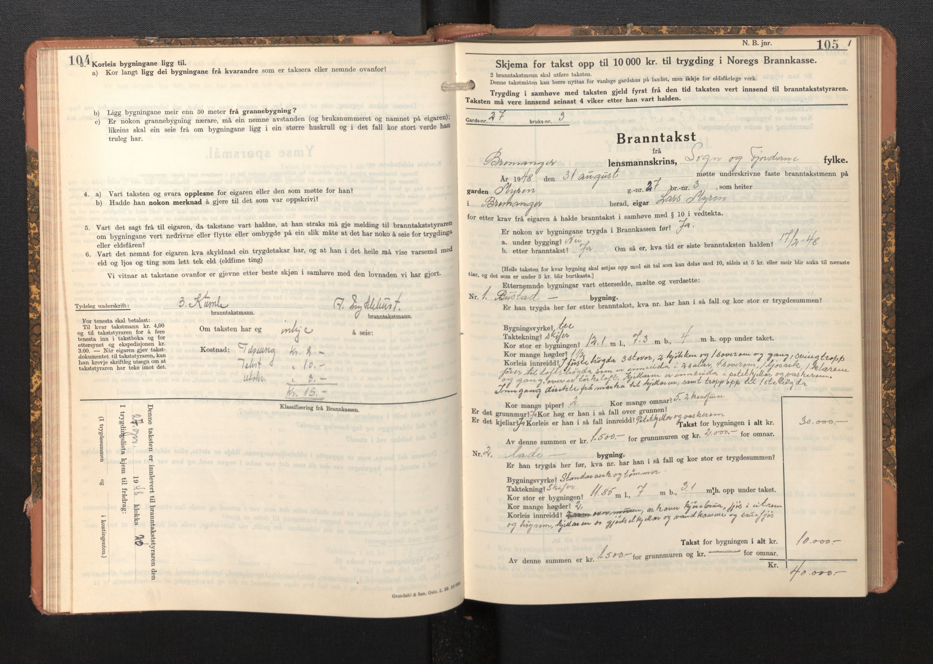 Lensmannen i Bremanger, AV/SAB-A-26701/0012/L0009: Branntakstprotokoll, skjematakst, 1943-1950, s. 104-105