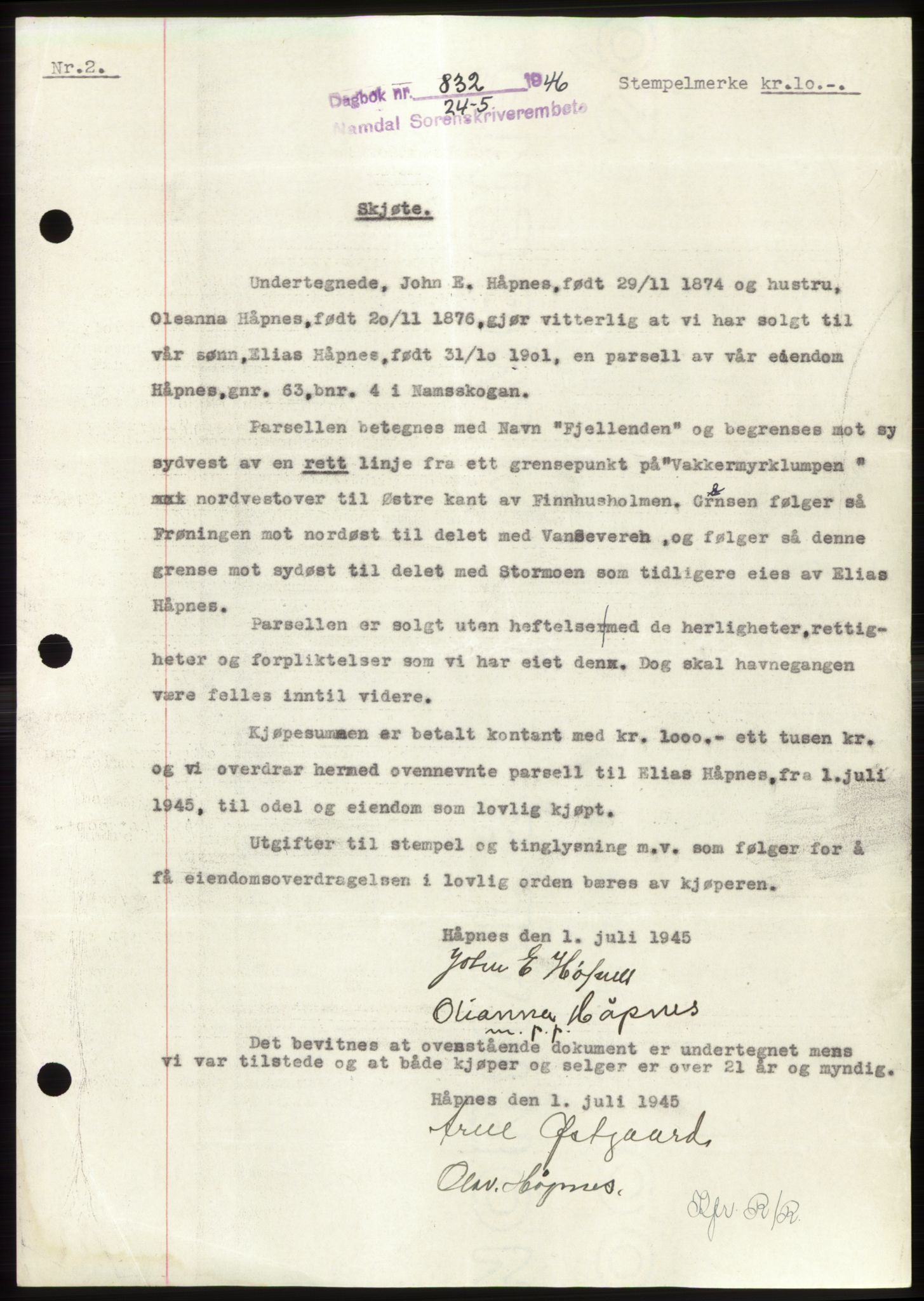 Namdal sorenskriveri, SAT/A-4133/1/2/2C: Pantebok nr. -, 1946-1946, Dagboknr: 832/1946